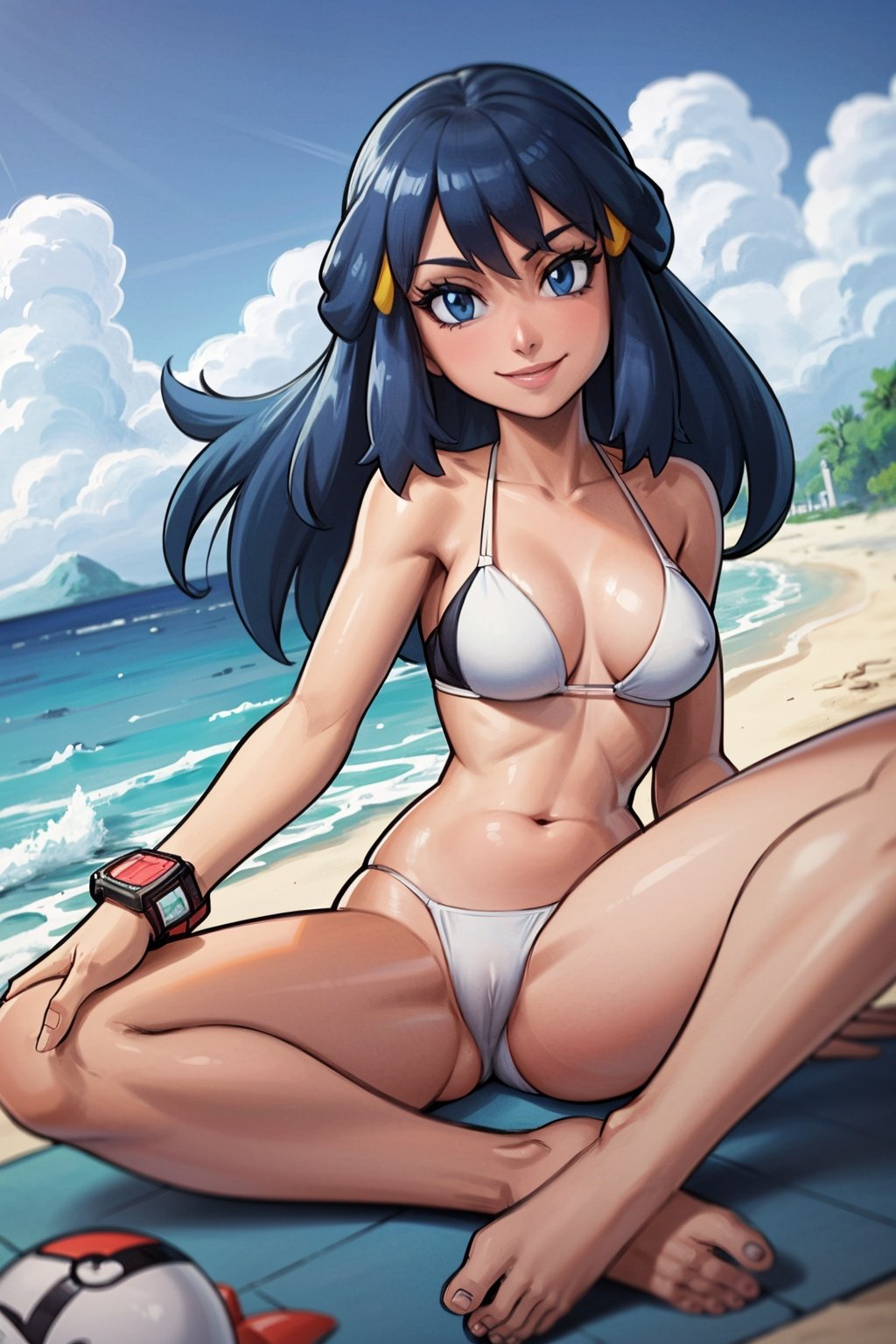 masterpiece, best quality, 1girl, dawn \(pokemon\), smile, eyelashes, blue eyes, long blue hair, looking at viewer, midriff, navel, bikini,  solo, watch, ocean, beach, barefoot, dutch angle, beach background <lora:Dawn:1>