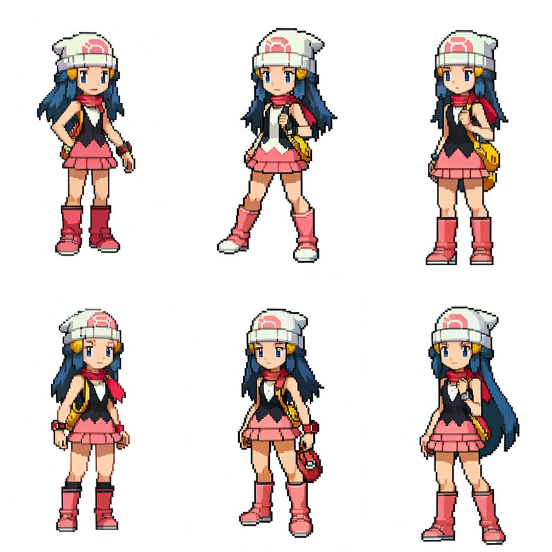 (white background:1.4),simple background,<lora:pixel_f2:0.5>,pixel,pixel art,1girl, dawn \(pokemon\), beanie, long hair, blue hair, blue eyes, black sleeveless shirt, pink scarf, pink skirt, pink boots, yellow bag, red watch, solo, standing  <lora:Dawn:1>