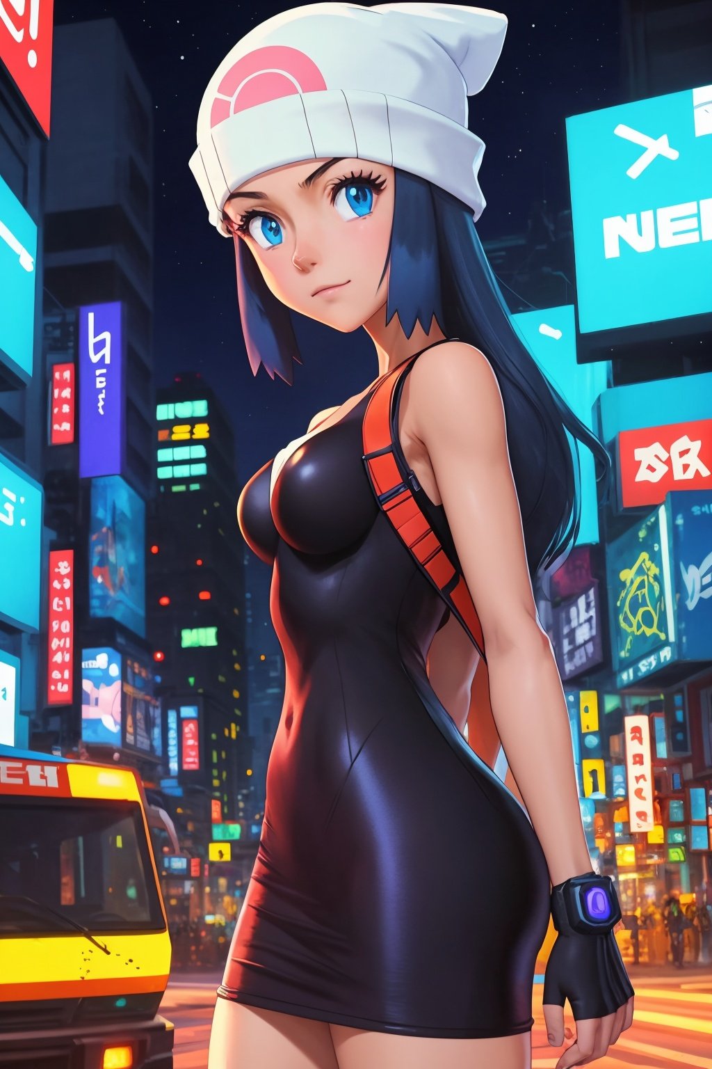 masterpiece, best quality, 1girl, dawn \(pokemon\), beanie, long hair, blue hair, blue eyes, looking at viewer, cyberpunk city background, night, neon light  <lora:Dawn:1>