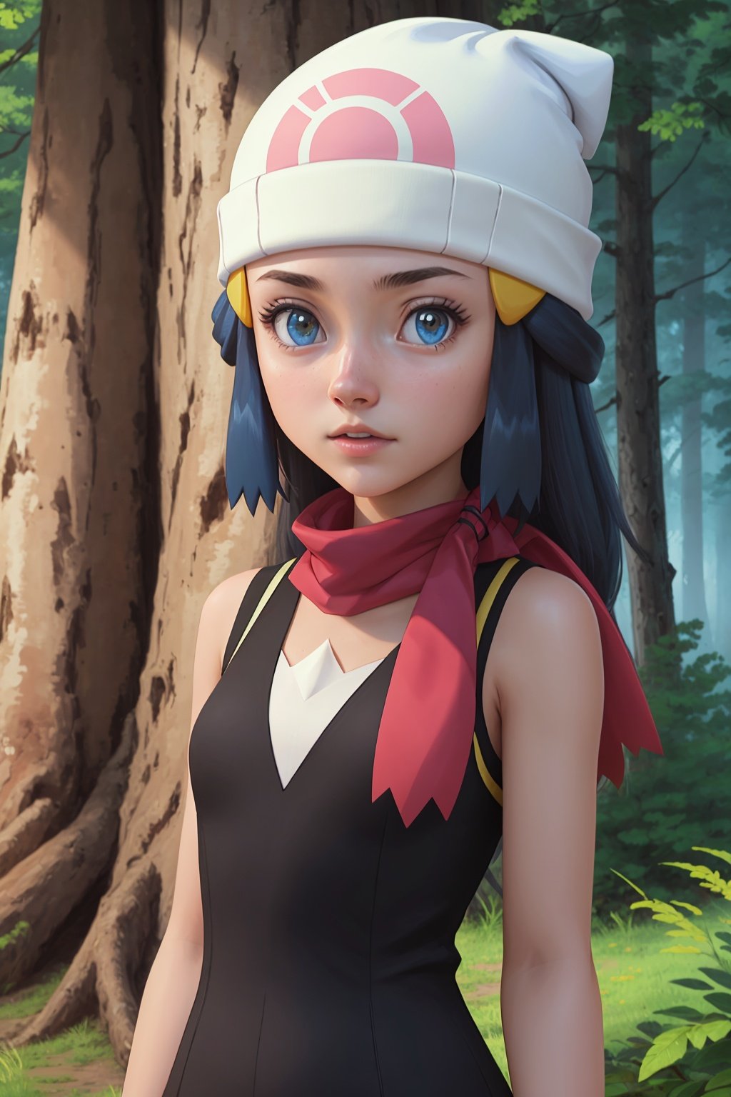 1girl, dawn \(pokemon\), beanie, long hair, blue hair, blue eyes, black sleeveless shirt, pink scarf, forest background , (masterpiece:1.3), (best_quality:1.3), (ultra_detailed:1.3), 8k, extremely_clear, realism, (ultrarealistic:1.3), 1girl, solo, wide shot, <lora:Dawn:0.9>