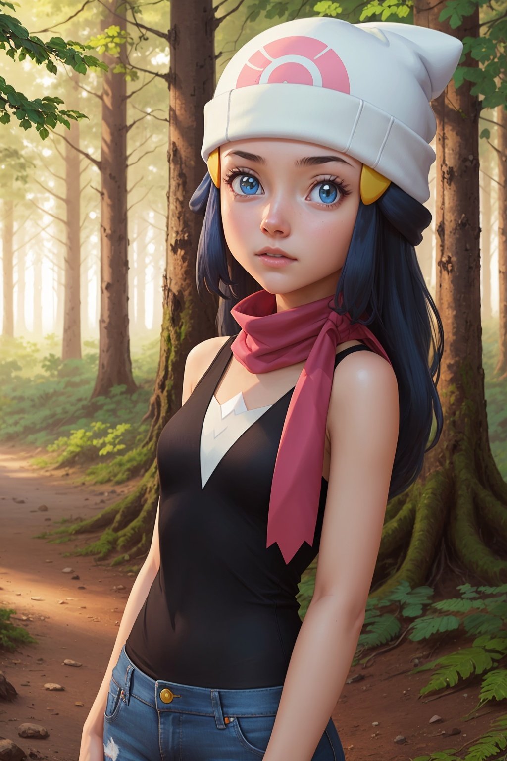 1girl, dawn \(pokemon\), beanie, long hair, blue hair, blue eyes, black sleeveless shirt, pink scarf, forest background , (masterpiece:1.3), (best_quality:1.3), (ultra_detailed:1.3), 8k, extremely_clear, realism, (ultrarealistic:1.3), 1girl, solo, wide shot, <lora:Dawn:0.9>