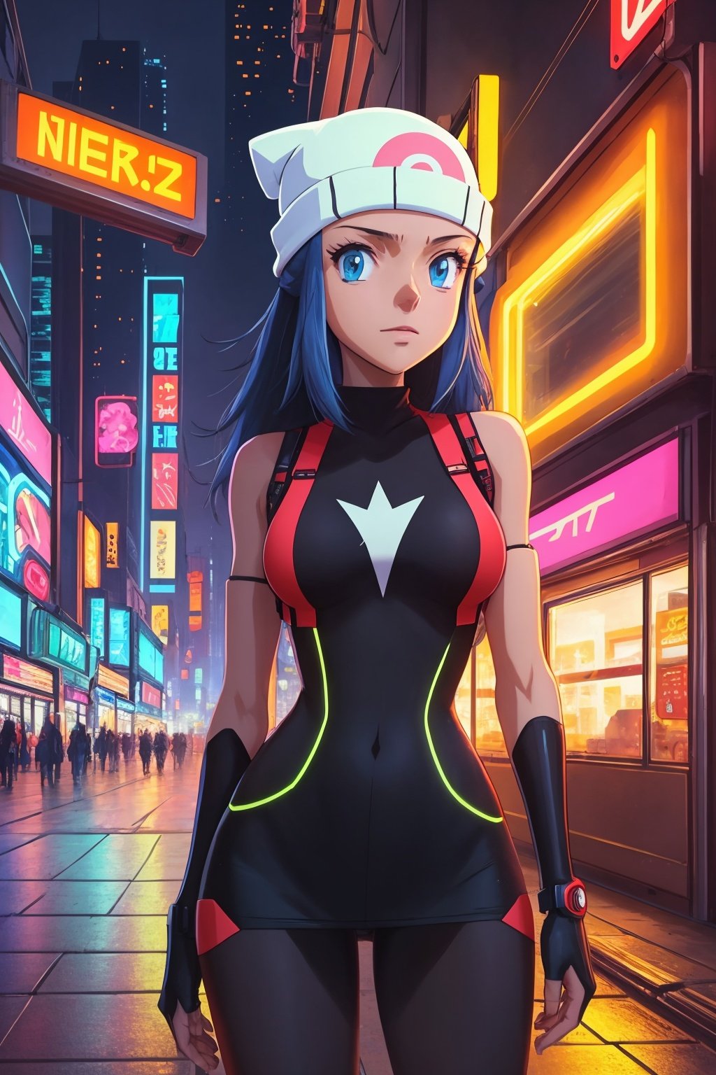 masterpiece, best quality, 1girl, dawn \(pokemon\), beanie, long hair, blue hair, blue eyes, looking at viewer, cyberpunk city background, night, neon light  <lora:Dawn:1>