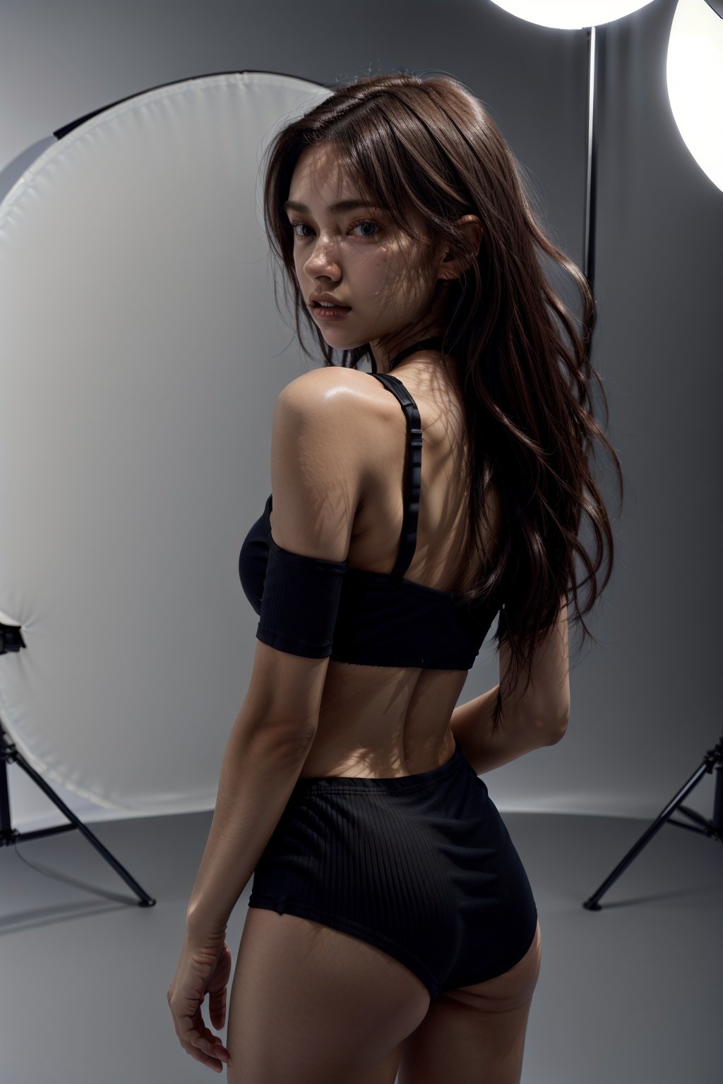 a full body shot of a woman, beautiful face, skin imperfections, back focus, detailed texture, black crop top, tight black low-rise boyshorts, in a photography studio, fashion shoot, side lighting, 8k, UHD, detailed skin, peach fuzz, sharp <lora:Adelinemu:1>