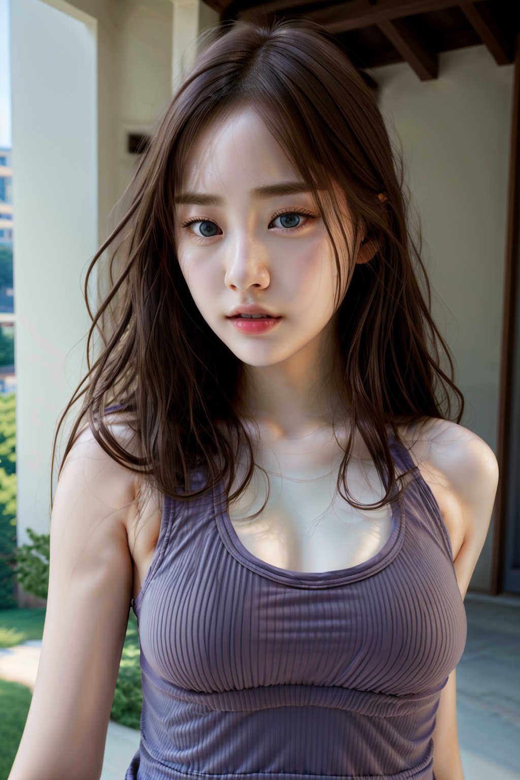 masterpiece, best quality, 1girl, adelinemu,  closeup, brown eyes, brown hair, long hair,  solo, tank top, looking at viewer, day, outdoors, realistic, RAW photo  <lora:Adelinemu:1>