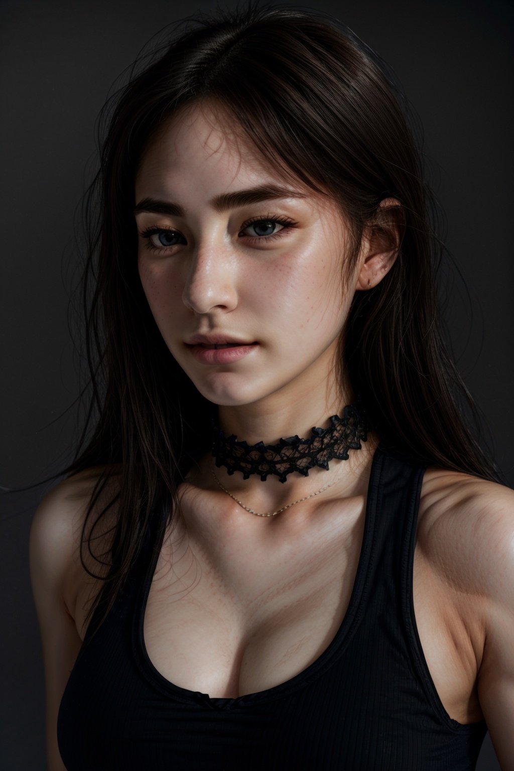 photo, rule of thirds, dramatic lighting, medium hair, detailed face, detailed nose, woman wearing tank top, freckles, collar or choker, smirk, tattoo, intricate background ,realism,realistic,raw,analog,woman,portrait <lora:Adelinemu:1>