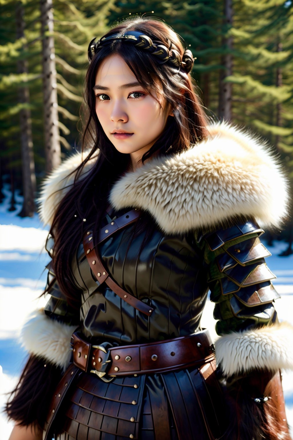 portrait painting of 1girl as asian viking warrior, black hair, brown eyes, wearing viking armor,detailed skin, fantasy, snowy nordic forest, modelshoot style, (extremely detailed CG), photo of beautiful artwork, (Antonio Moro), (Jeremy Mann), High Detail, Sharp focus, dramatic, oil painting, realistic  <lora:Adelinemu:1>