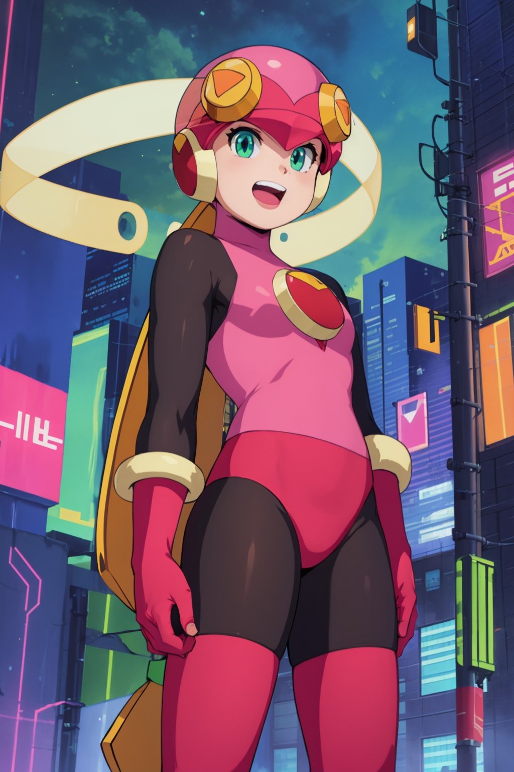 masterpiece, best quality,  1girl, rollexe, helmet, blonde hair, long hair, green eyes, bodysuit, gloves, looking at viewer, male focus, open mouth,  upper teeth only, smile, solo, night, city light, contrapposto, standing, night sky, cyberpunk city background  <lora:Rollexe:1>