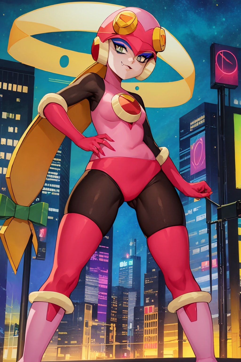 masterpiece, best quality,  1girl, evilroll, helmet, blonde hair, green eyes, eyeshadow, makeup, high heels, fang out, bodysuit, pink gloves, pink boots, looking at viewer, solo, night, city light, contrapposto, standing, night sky, cyberpunk city background  <lora:Rollexe:1>