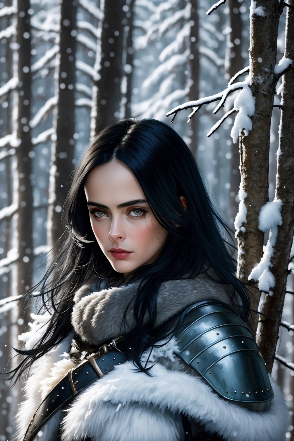 portrait painting of 1girl as nordic viking warrior, 1girl, jessicajones, black hair, wearing viking armor,detailed skin, fantasy, snowy nordic forest, modelshoot style, (extremely detailed CG), photo of beautiful artwork, (Antonio Moro), (Jeremy Mann), High Detail, Sharp focus, dramatic, oil painting, realistic   <lora:JessicaJonesV2:1>