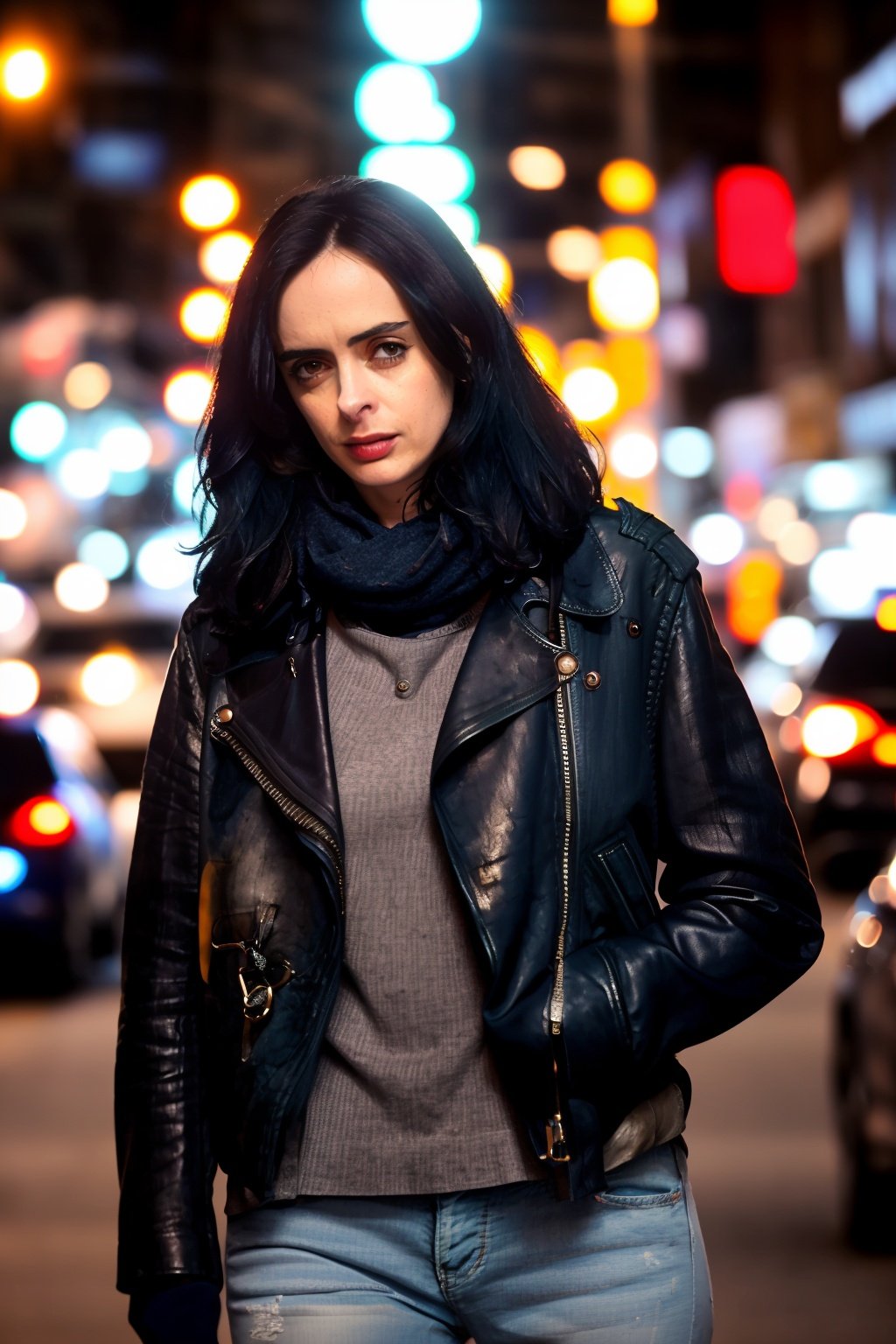 RAW photo, a portrait photo of 25 y.o woman in casual clothes, jessicajones, leather jacket, jeans, night, city street, (high detailed skin:1.2), 8k uhd, dslr, soft lighting, high quality, film grain, Fujifilm XT3  <lora:JessicaJonesV2:1>