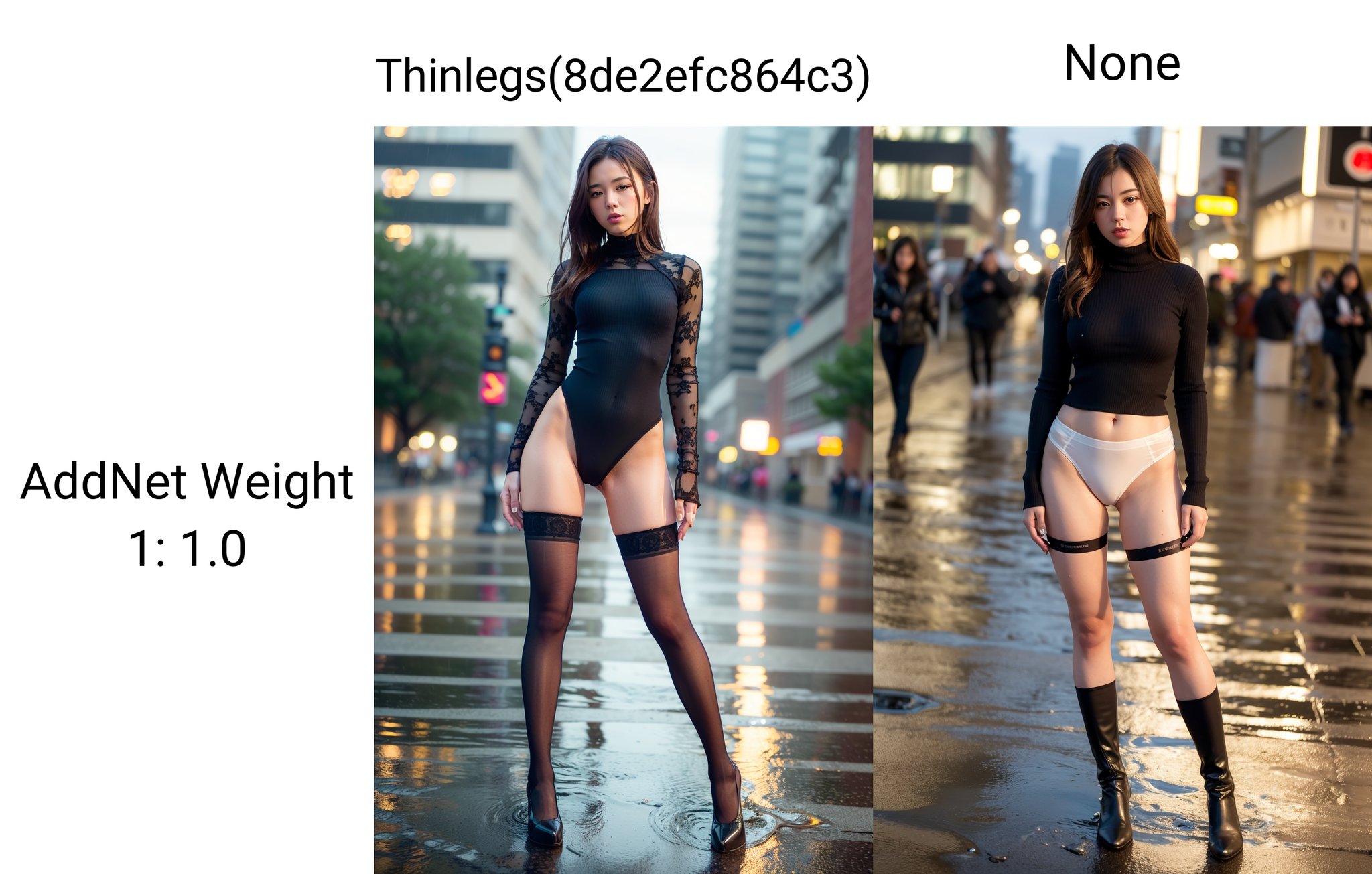 (8k, RAW photo, best quality, masterpiece:1.2), (realistic, photo-realistic:1.37),1girl,cute, thin legs, narrow hips, cityscape, night, rain, wet,professional lighting, photon mapping, radiosity, physically-based rendering, full body,thighhighs
