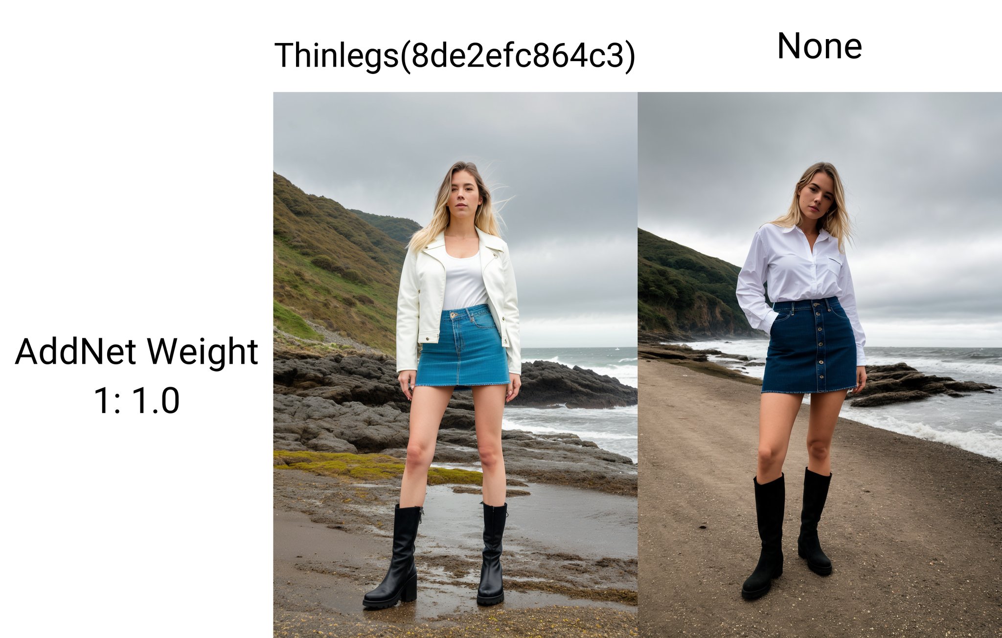 photo of a woman, long hair, blonde hair, white shirt, skirt, thin legs, narrow hips, full body, high detailed skin, skin pores, coastline, overcast weather, wind, jacket, jeans, boots, waves, 8k uhd, dslr, soft lighting, high quality, film grain, Fujifilm XT3