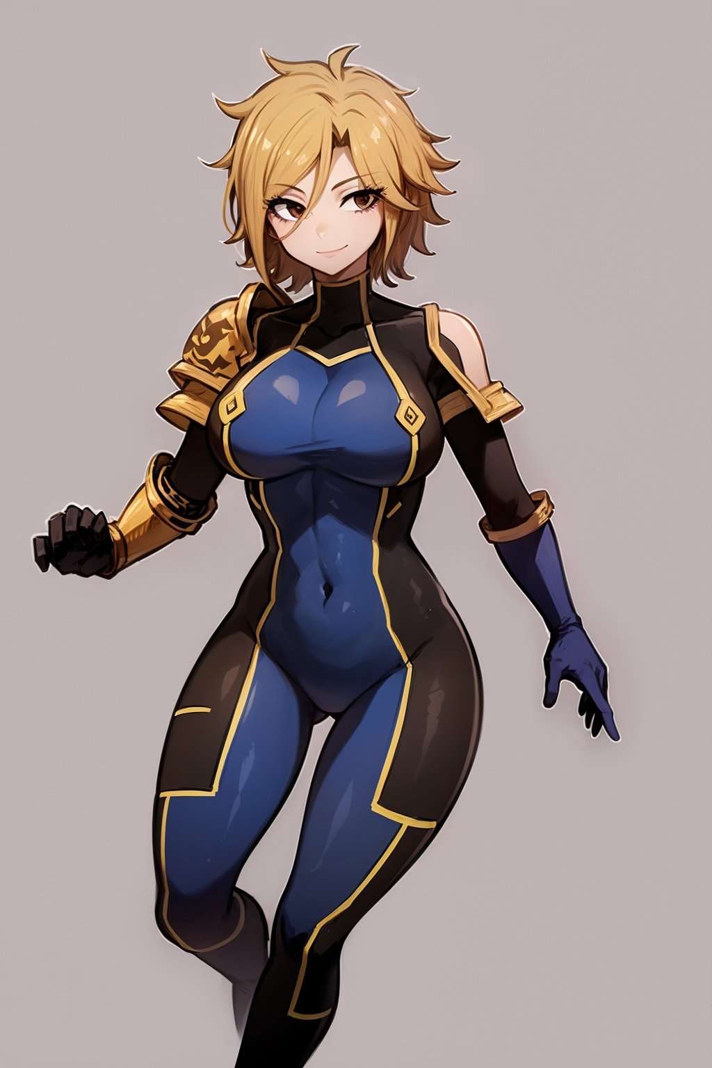 masterpiece, best quality, dimaria, 1girl, short hair, blonde hair, breasts, brown eyes, bodysuit, pauldron, shoulder pads, shoulder armor, boots, skin tight, covered navel, full body,  smile, looking at viewer,  solo, simple background <lora:DimariaYesta:1>