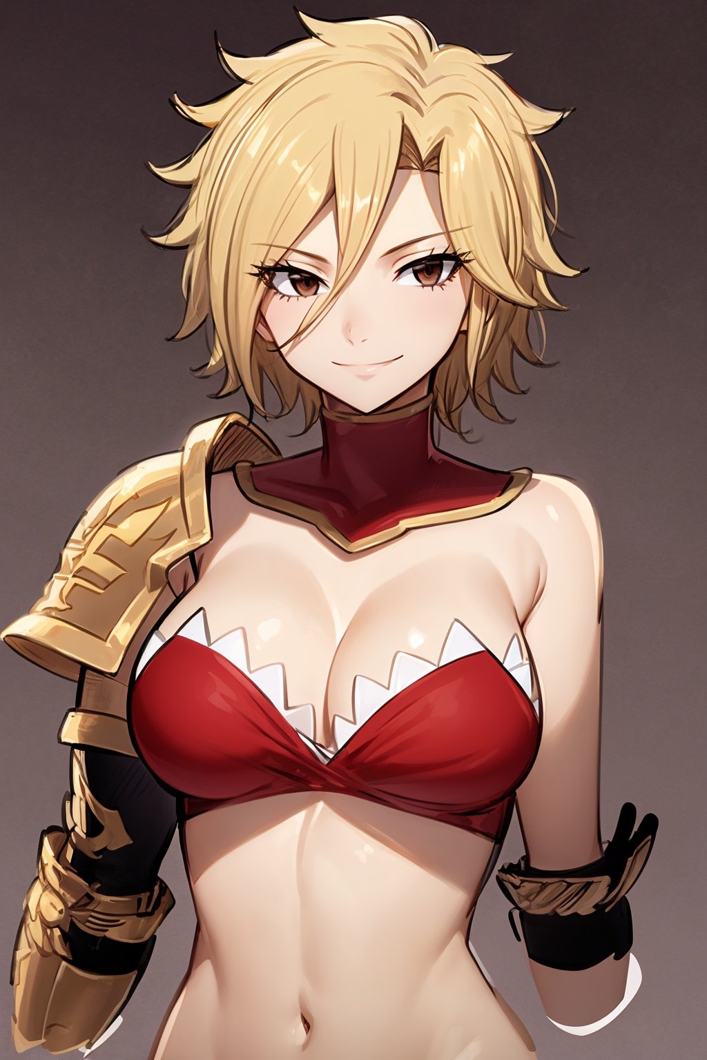 masterpiece, best quality, dimaria, 1girl, short hair, blonde hair, brown eyes, red strapless, armor, cleavage,  navel, large breasts,closeup, upper body, smile, sketch, simple background <lora:DimariaYesta:1>