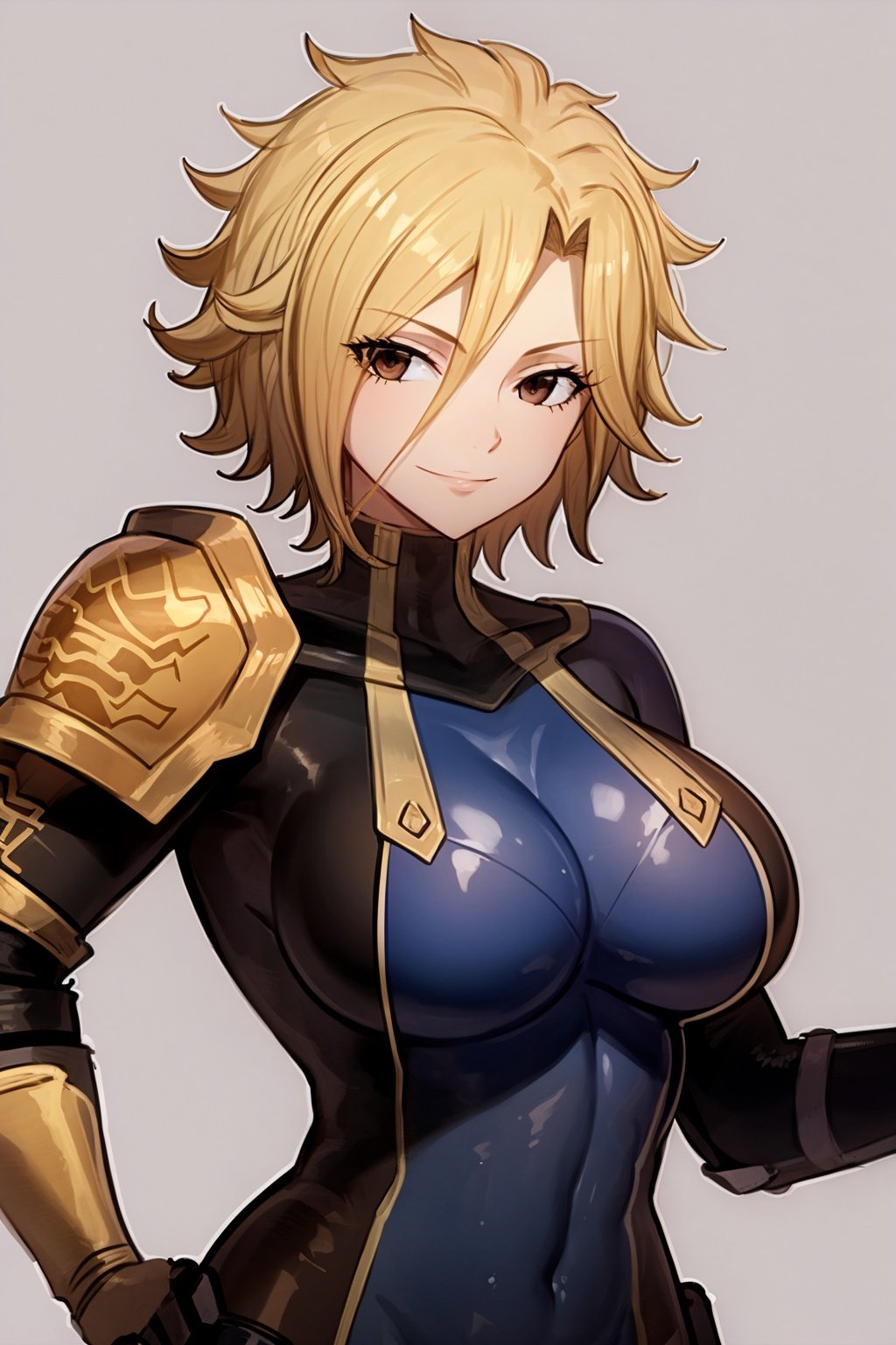 masterpiece, best quality, dimaria, 1girl, short hair, blonde hair, brown eyes, bodysuit, pauldron, shoulder pads, shoulder armor, boots, skin tight, covered navel, large breasts,closeup, upper body, smile, sketch, simple background <lora:DimariaYesta:1>