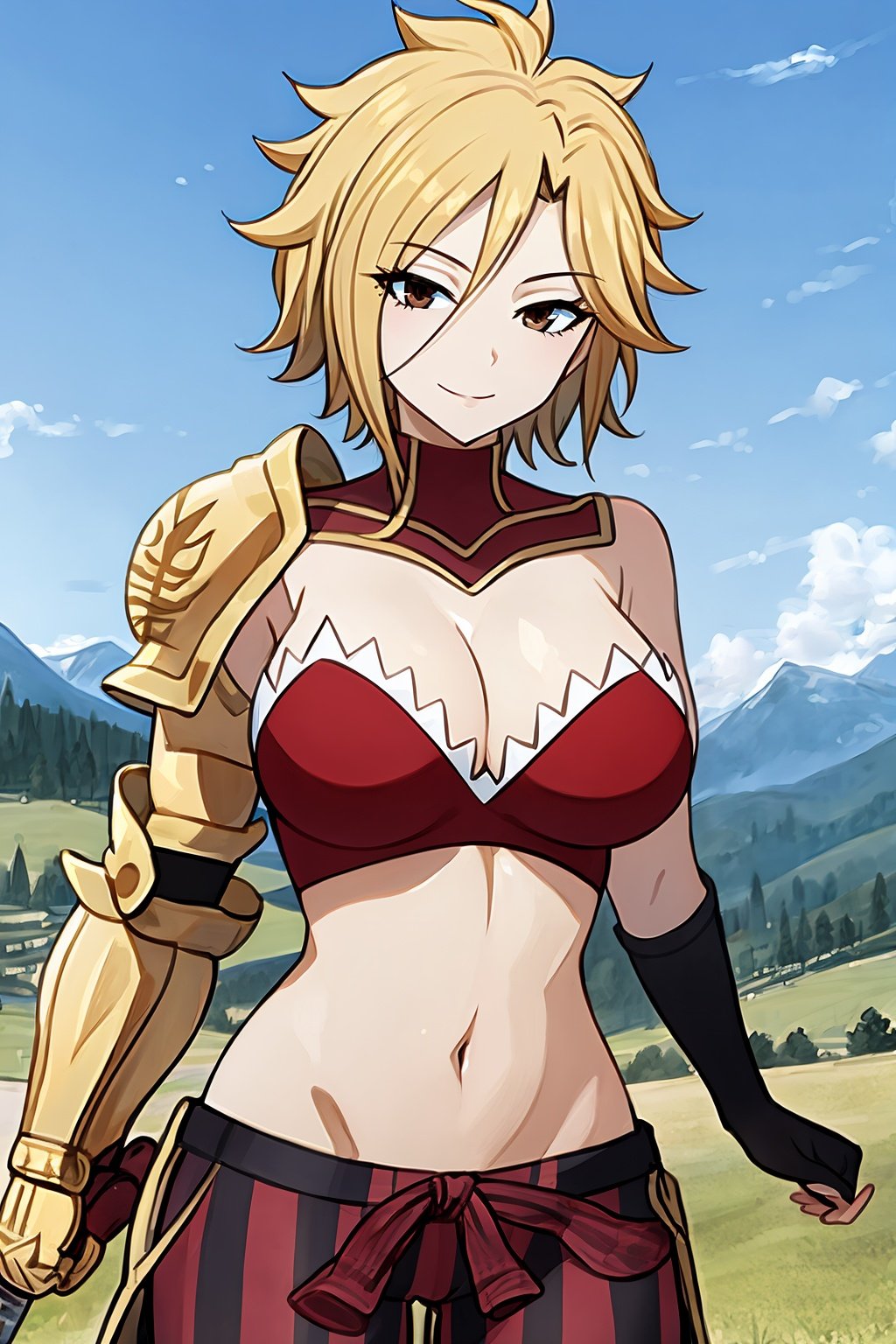 masterpiece, best quality, dimaria, dimaria, 1girl, short hair, blonde hair, breasts, brown eyes, armor, cleavage,  large breasts, midriff, navel, striped pants, smile, looking at viewer, medieval castle, switzerland mountains background<lora:DimariaYesta:1>