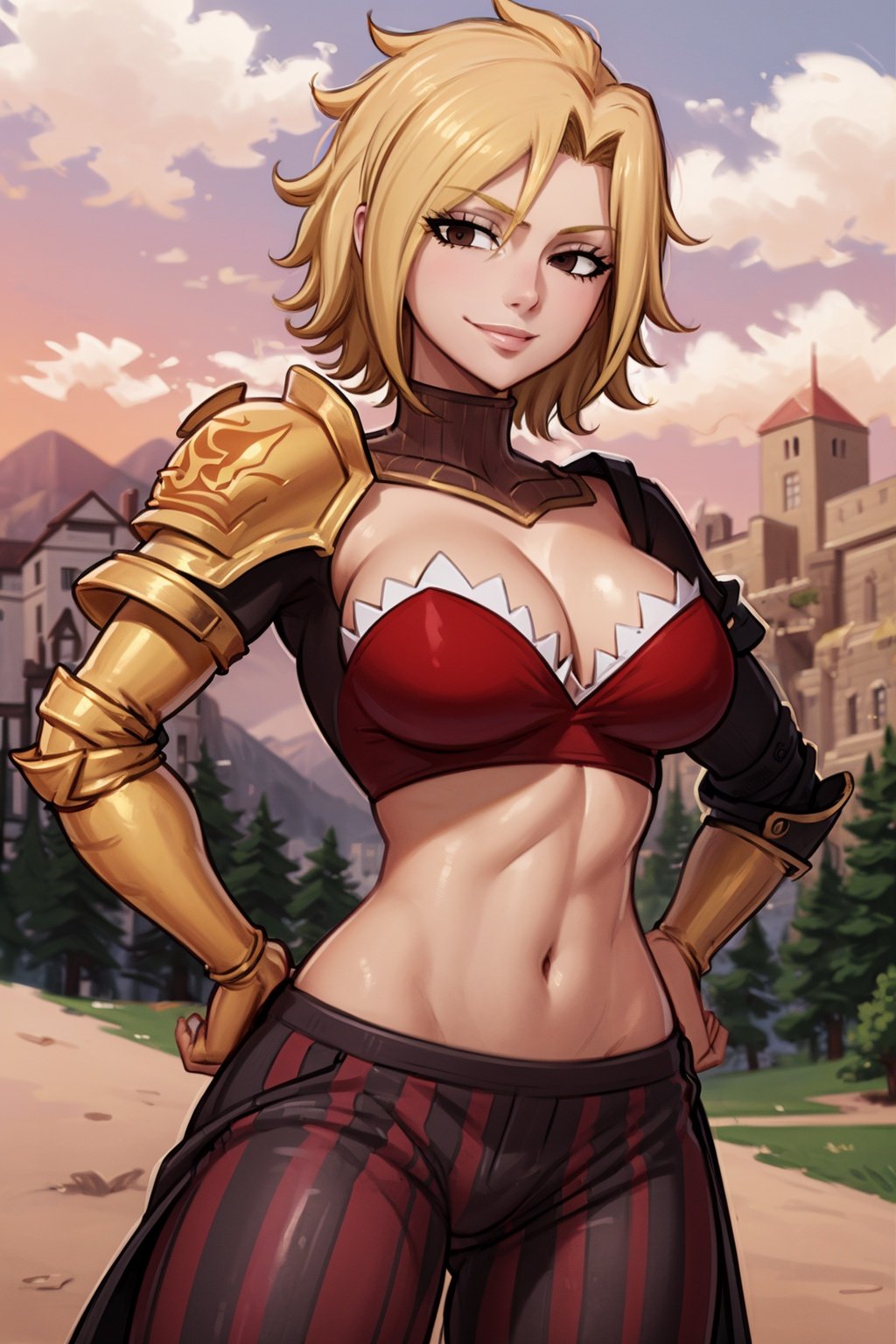 masterpiece, best quality, dimaria, dimaria, 1girl, short hair, blonde hair, breasts, brown eyes, armor, cleavage,  large breasts, hands on hips,  midriff, navel, black and red striped pants, smile, looking at viewer, medieval castle, switzerland mountains background<lora:DimariaYesta:1>