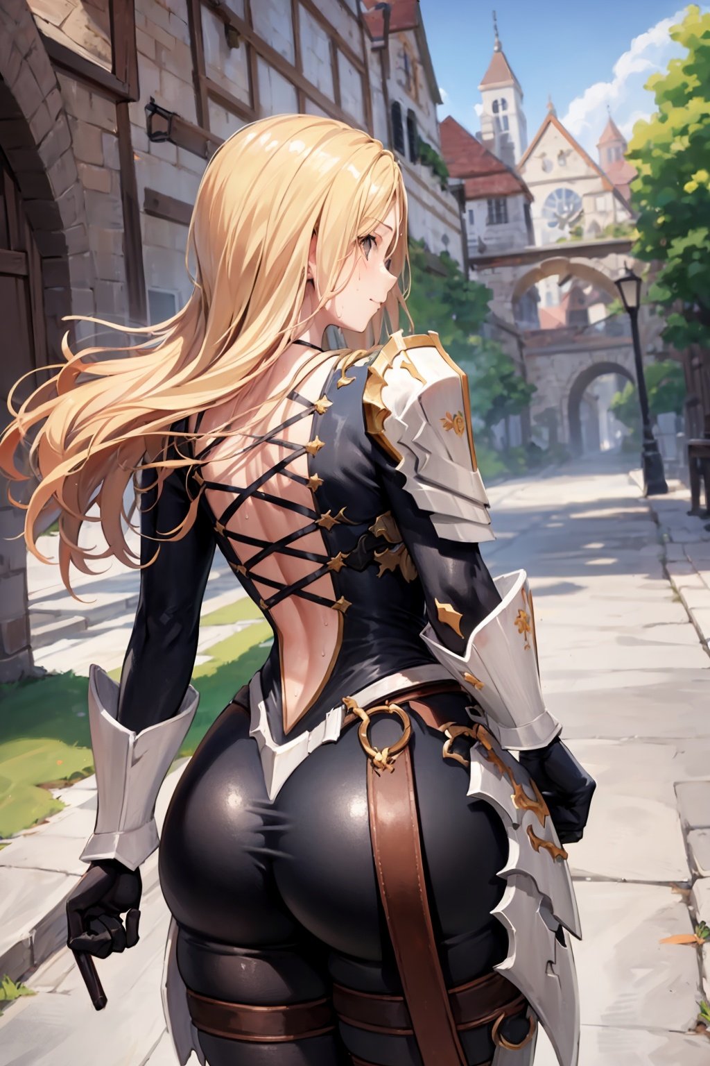 masterpiece, best quality, kisara, 1girl, blonde hair, long hair, armor, ass, ass focus, back, back cutout, bodysuit, facing away, from behind, outdoors, sweat, skin tight, solo, blue sky, medieval, battlefied background <lora:Kisara:1>