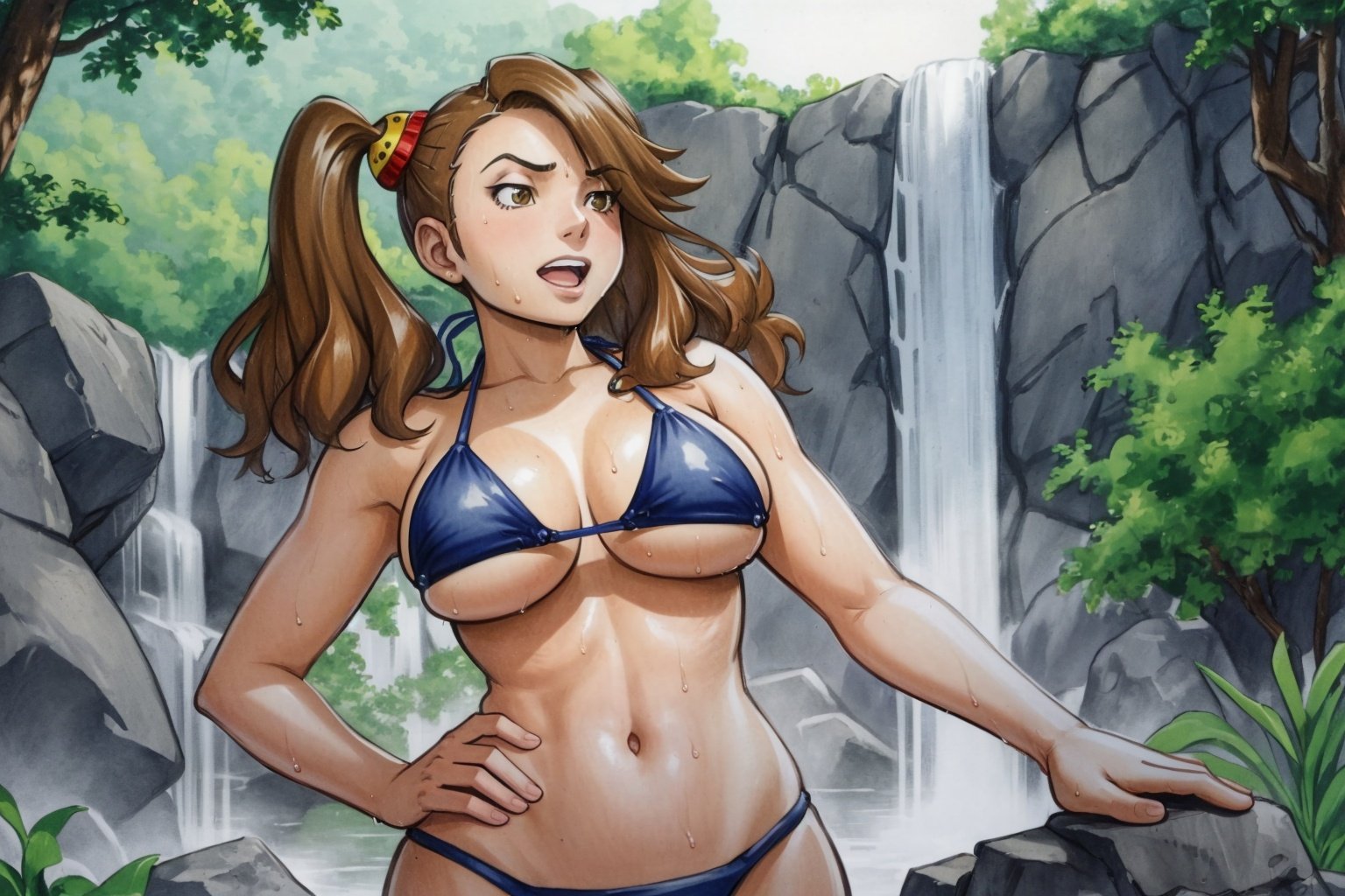 scan, traditional media, (sketch:1.1), (extremely detailed CG unity 8k wallpaper:1.2), (best shadow), soft lighting, HDR, (best shadow), (waterfall)BREAK1girl, kaoruko, brown hair, brown eyes, twintails, hair ornament, large breasts, bikini, wet, wet hair, wide hips,<lora:KaorukoSazaki:1> 