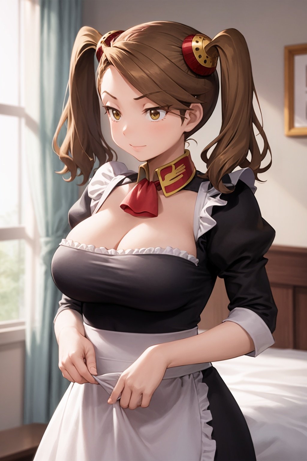 masterpiece, best quality, 1girl, kaoruko, brown hair, brown eyes, twintails, hair ornament, large breasts, maid outfit, cleavage, solo, bedroom background <lora:KaorukoSazaki:1>