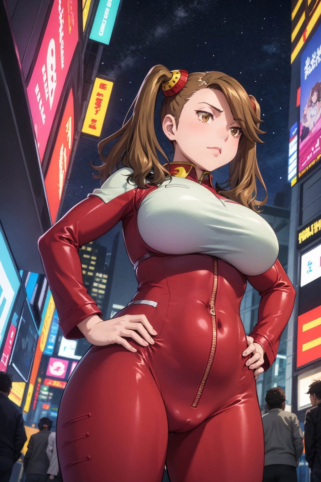 masterpiece, best quality, 1girl, kaoruko, brown hair, brown eyes, twintails, hair ornament, large breasts, red plugsuit, hands on hips,, night, city light, view from below, night sky, cyberpunk city background <lora:KaorukoSazaki:1>