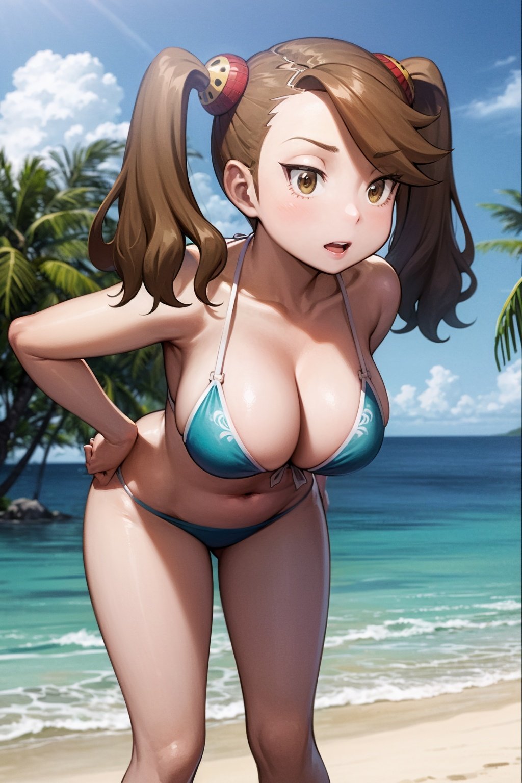 masterpiece, best quality, 1girl, kaoruko, brown hair, brown eyes, twintails, hair ornament, large breasts, bikini, large breasts, cleavage, leaning forward, hands on hips, solo, sand, sea, tropical island, beach background <lora:KaorukoSazaki:1>