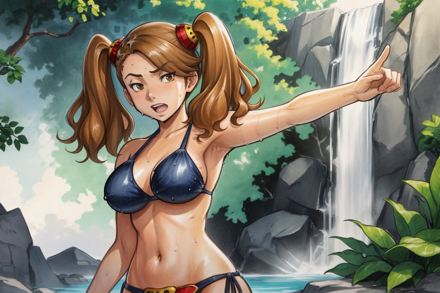 scan, traditional media, (sketch:1.1), (extremely detailed CG unity 8k wallpaper:1.2), (best shadow), soft lighting, HDR, (best shadow), (waterfall)BREAK1girl, kaoruko, brown hair, brown eyes, twintails, hair ornament, large breasts, bikini, wet, wet hair, wide hips,<lora:KaorukoSazaki:1> 