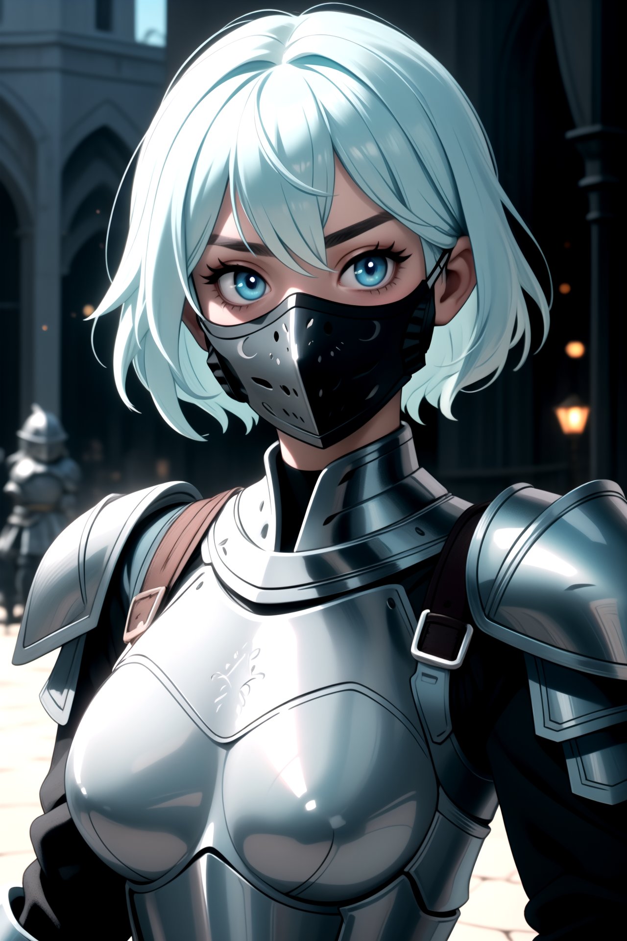 centered, upper body, award winning upper body portrait, (detailed face), (beautiful detailed eyes:1.2), (glowinig eyes:1.2), (aura:1.1), | solo, knight woman, short hair, aqua hair color, light blue eyes, (black knight tight armor), (iron plate mouth mask:1.2), | symetrical and detailed armor, | fantasy town, medieval, european street, | bokeh, depht of field, | hyperealistic shadows, smooth detailed, blurred background,