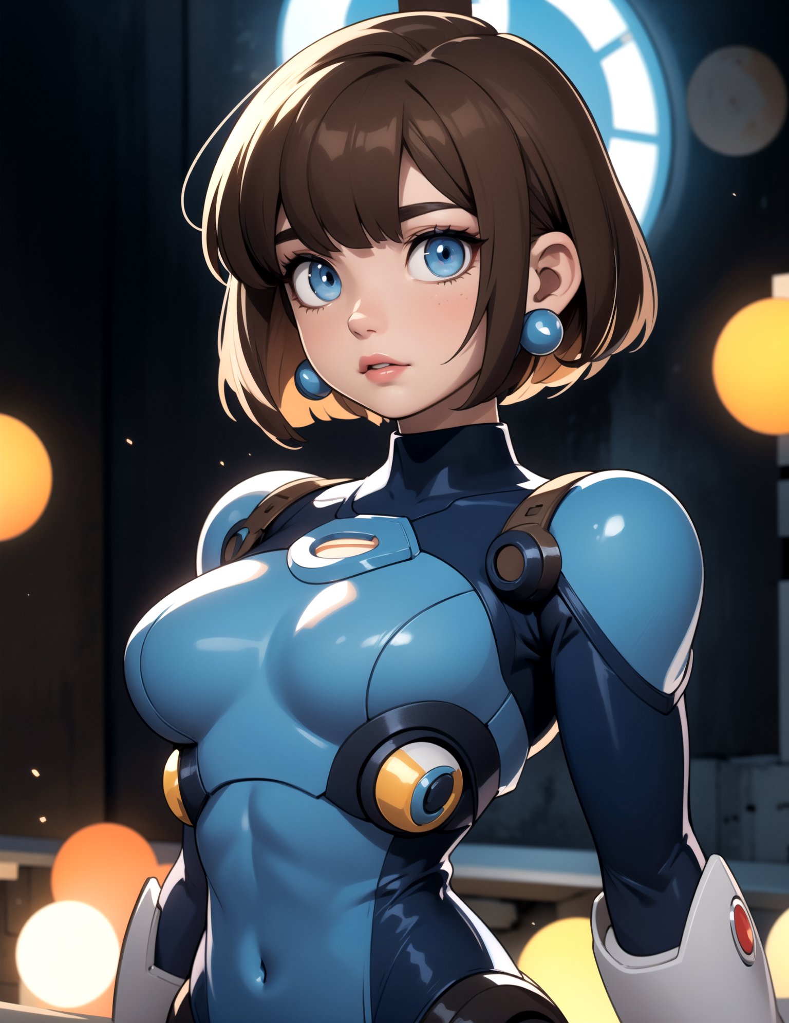 centered, digital art, upper body, (beautiful detailed eyes:1.2), 
| solo, woman, wearing the blue cybernetic armor with black parts of Megaman-X, 
 tight bodysuit, brown hair, short hair, bangs, blue eyes, muscular proportions, | in a dungeon made all of metal, | bokeh , depth of field, | Megaman-X,