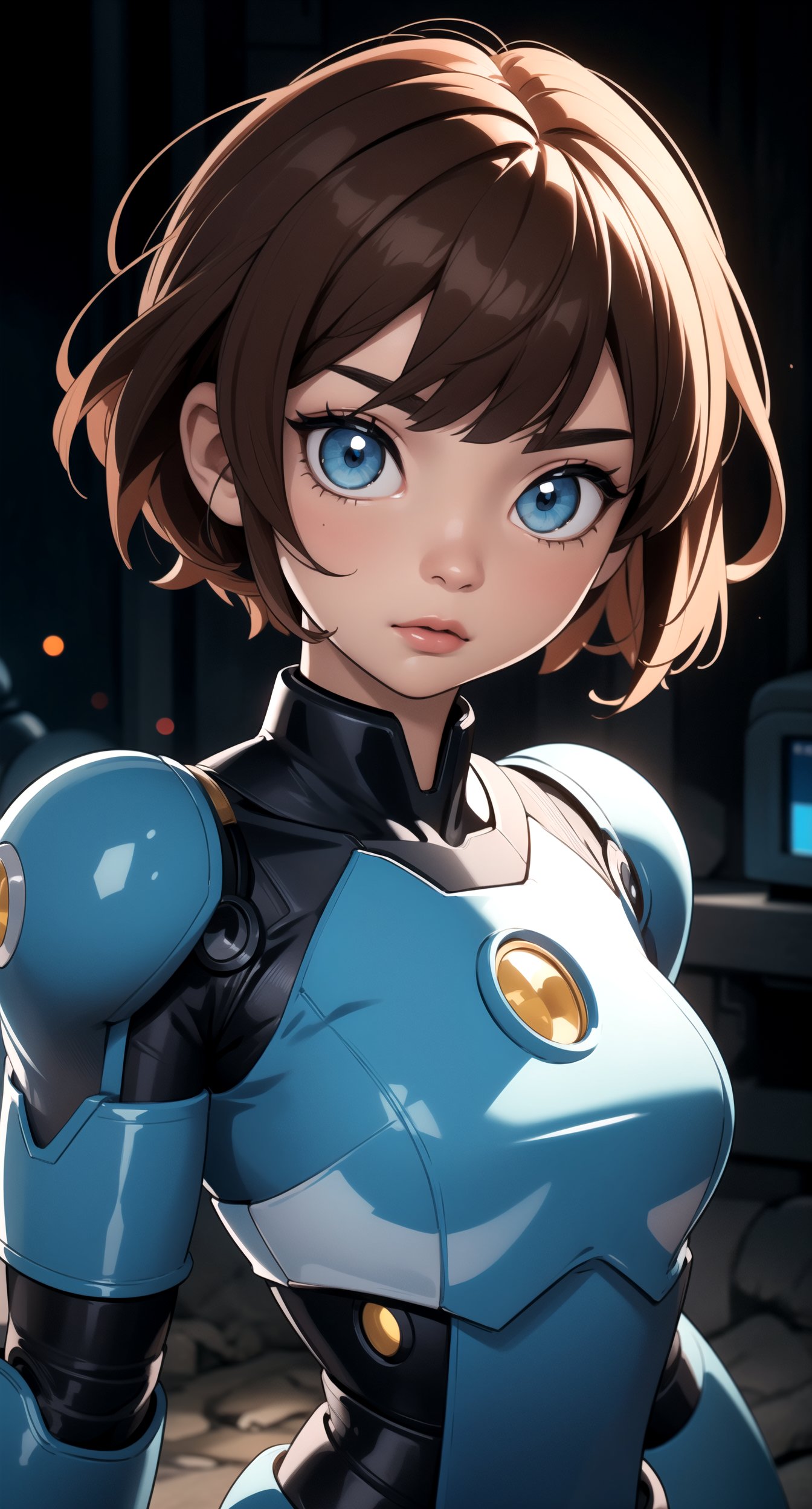 centered, digital art, upper body, (beautiful detailed eyes:1.2), 
| solo, woman, wearing the blue cybernetic armor with black parts of Megaman-X, 
 tight bodysuit, brown hair, short hair, bangs, blue eyes, muscular proportions, | in a dungeon made all of metal, | bokeh , depth of field, | Megaman-X,