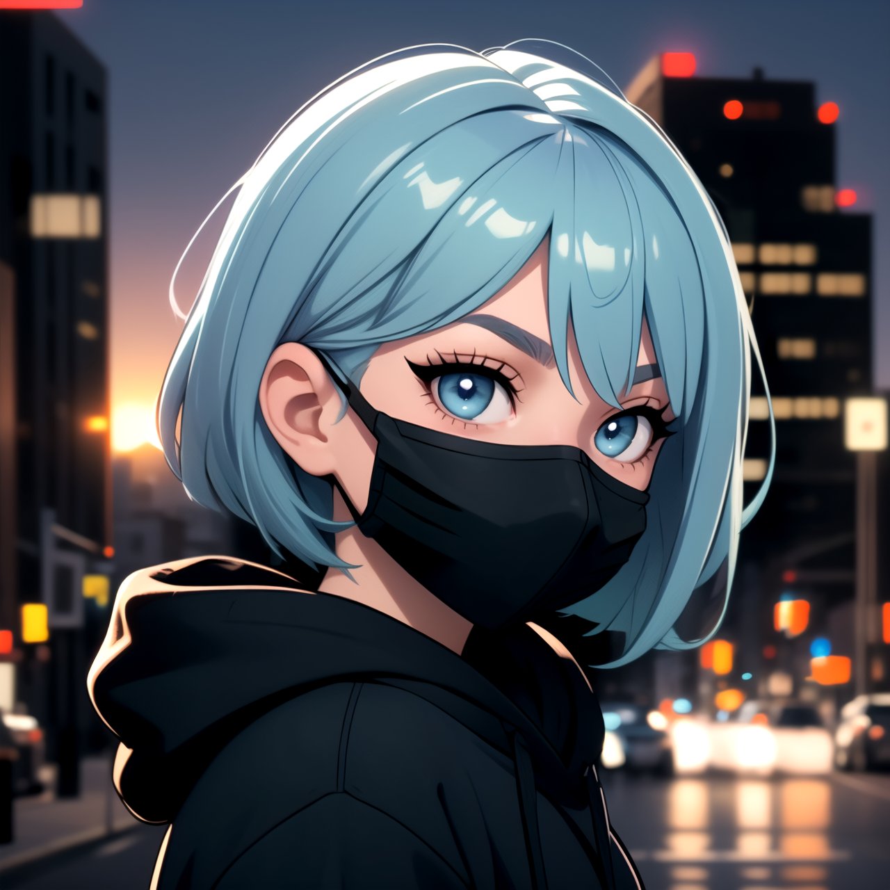 centered, masterpiece, face portrait, | 1girl, solo, aqua hair color, short hairstyle, light blue eyes, | (black mouth mask:1.2), dark blue hoodie, | city lights, sunset, buildings, urban scenery, | bokeh, depth of field,