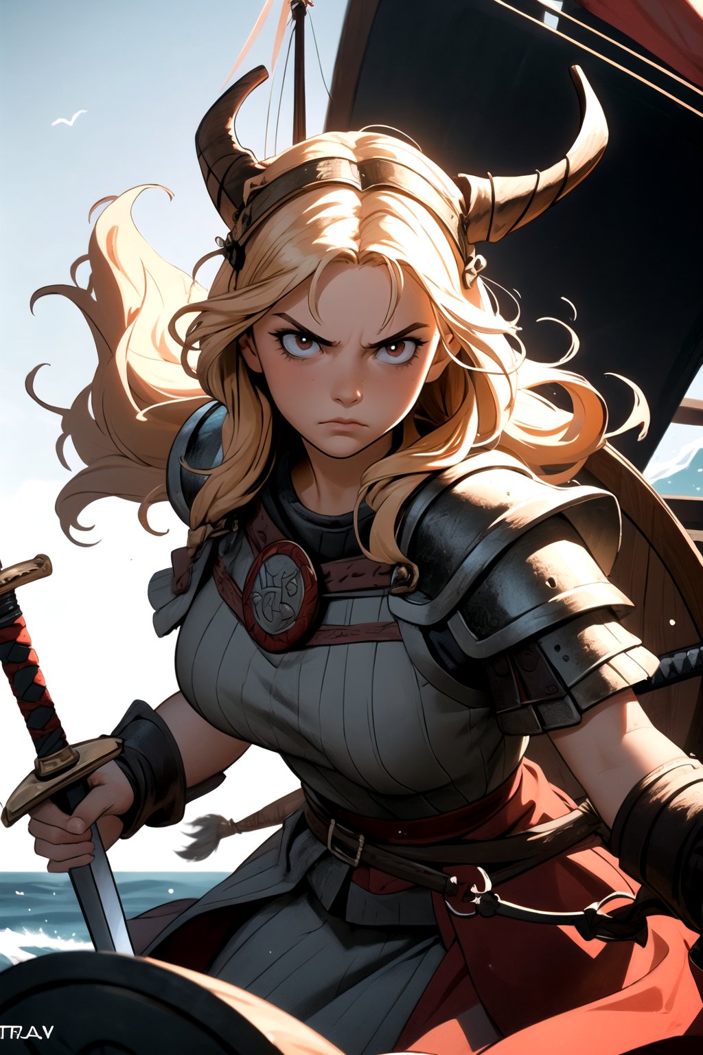 centered, upper body, digital art, | solo, 1girl, (viking), (viking_ship), (holding sword:1.2), serious looking, action position, | 