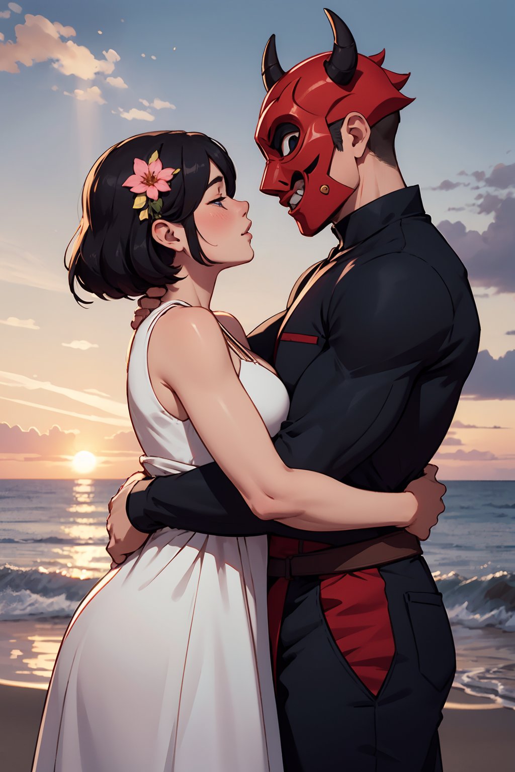 masterpiece, best quality, 1girl, boy, in love, huggin romantically, looking one another, sunset, cherry blosom, she wears a sun dress, he wears a tuxido and an oni mask, extremely detailed, profile view