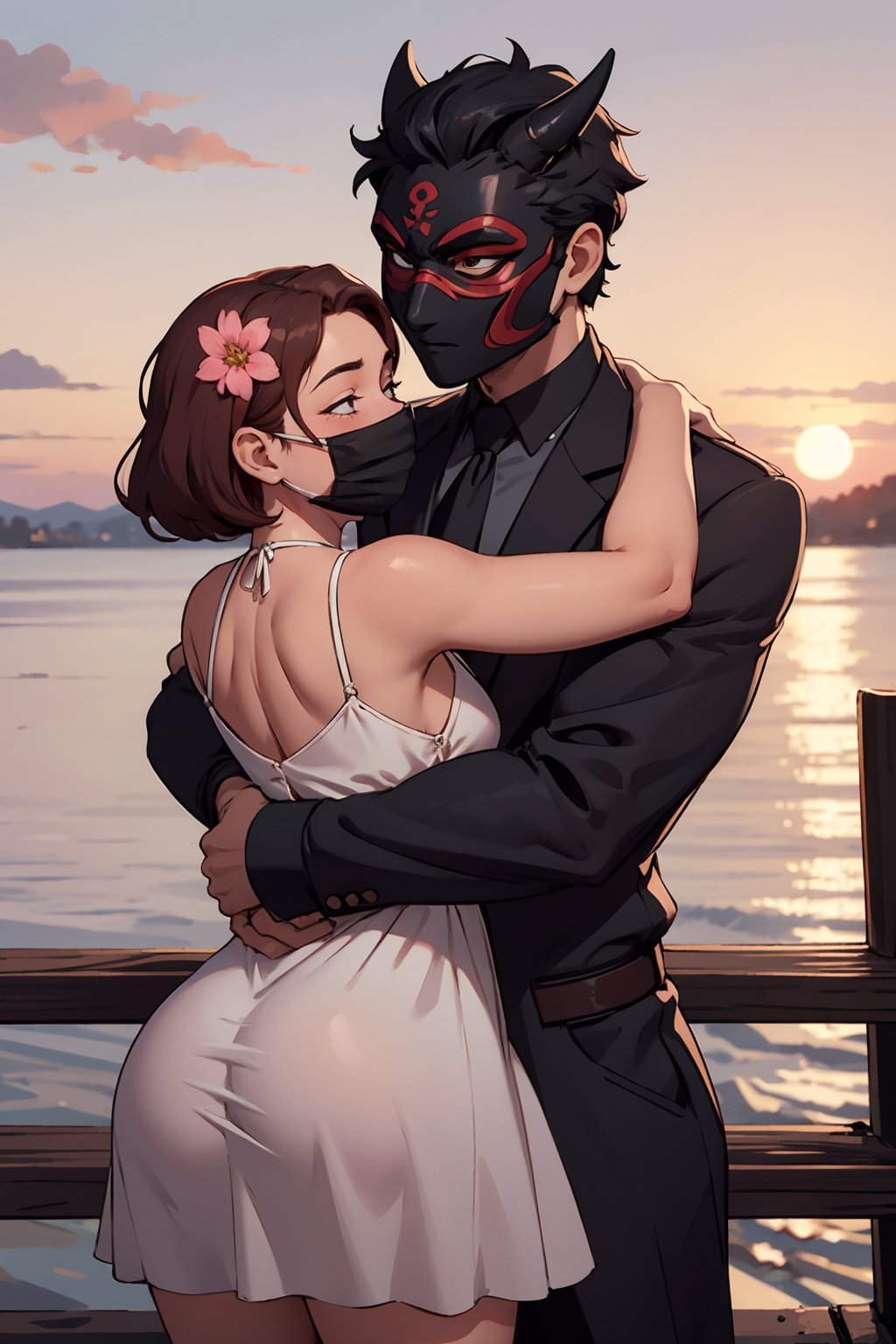 masterpiece, best quality, 1girl, boy, in love, huggin romantically, sunset, cherry blosom, she wears a sun dress, he wears a tuxido and an oni mask, extremely detailed