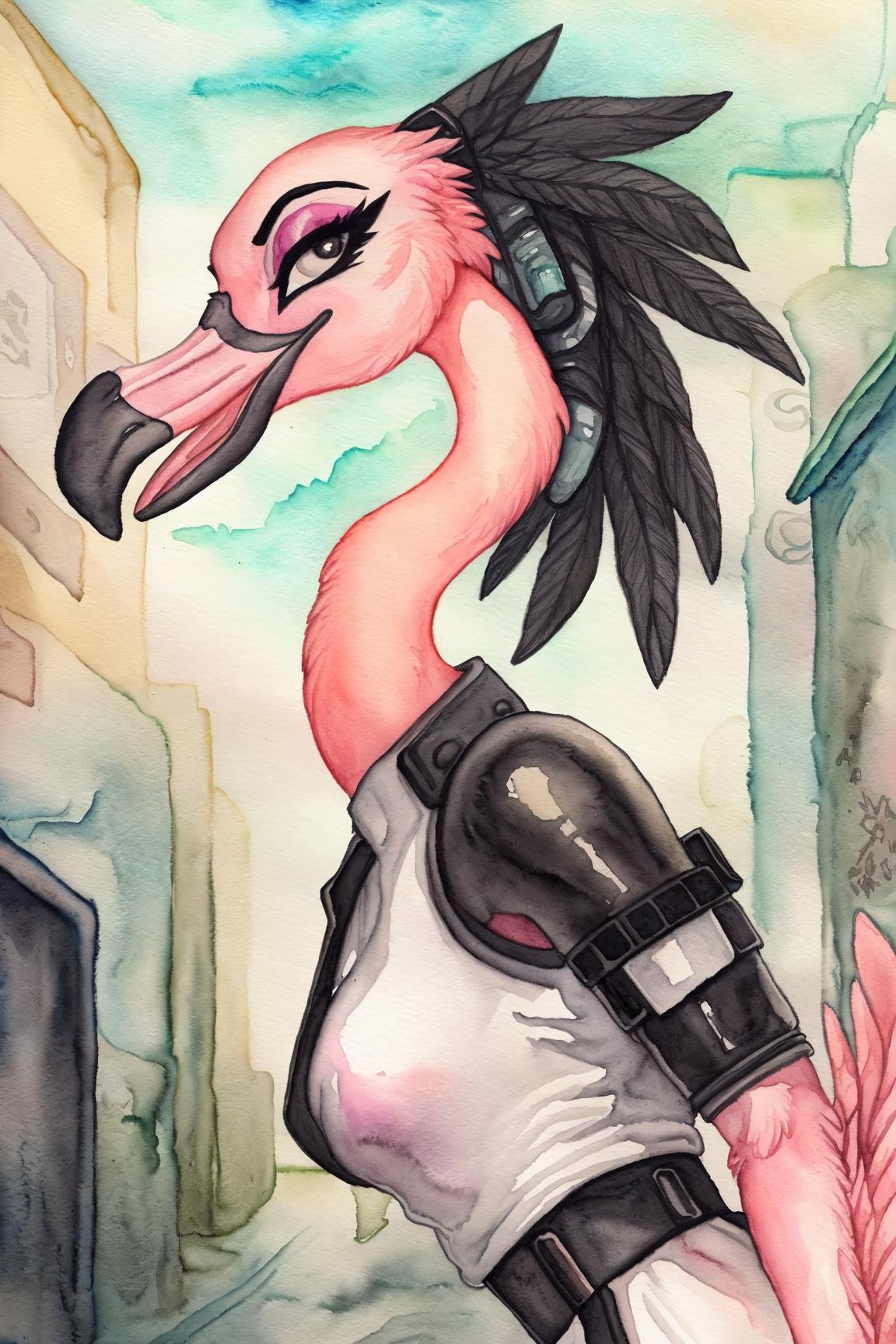 anthro flamingo, close up, headshot, action pose, female, ((goth cyberpunk costume)), white shirt, (masterpiece watercolor pencil sketch countershading), cyberpunk alley, <lora:Anthro-Birds-v3.5:1>