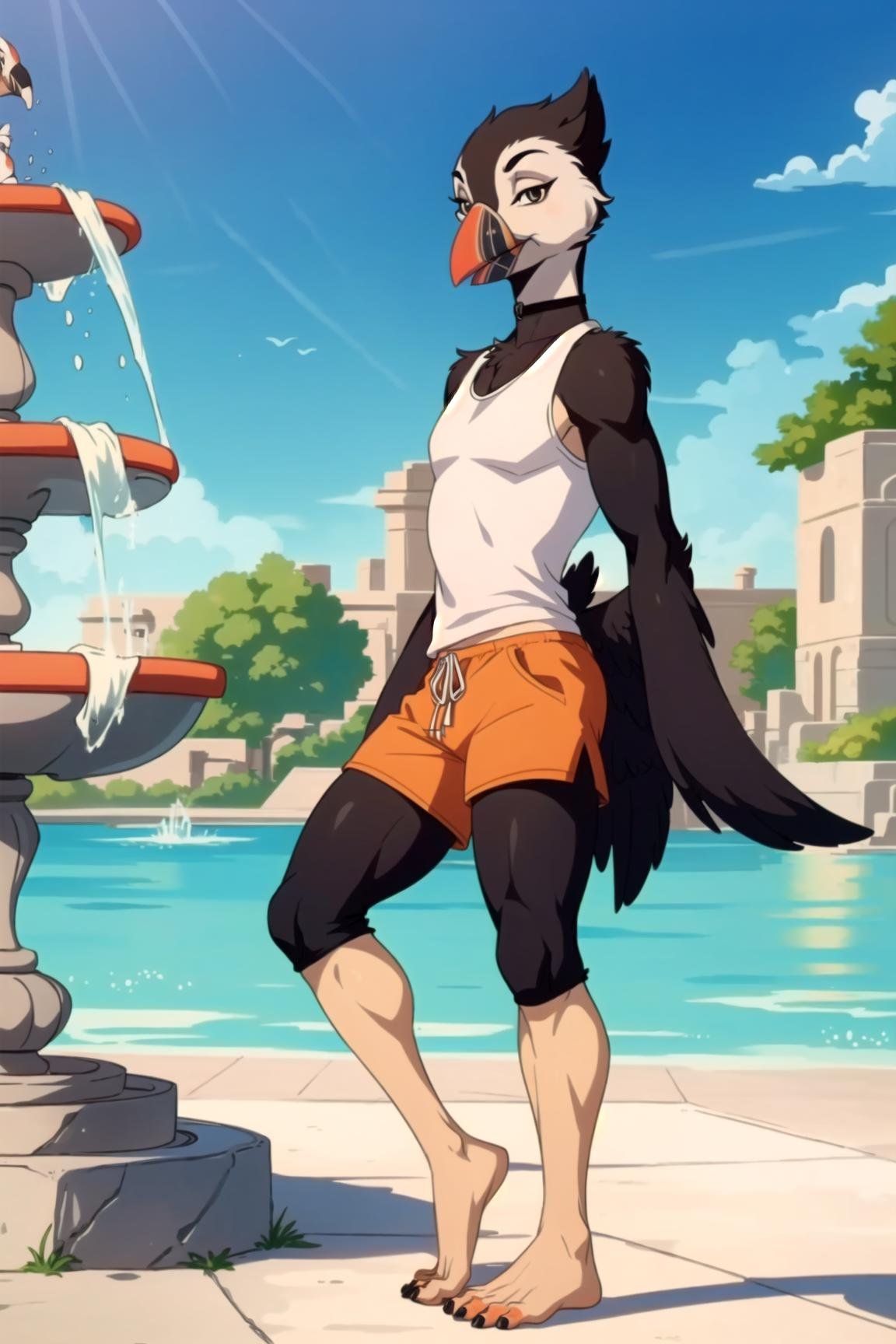 anthro puffin, ((winged-arms)), male, full body, portrait, beak, tank top, shorts, fountain, Extreme long shot, <lora:Anthro-Birds-v3.2.2-no_offset-000004:1> <lora:epiNoiseoffset_v2:1>,