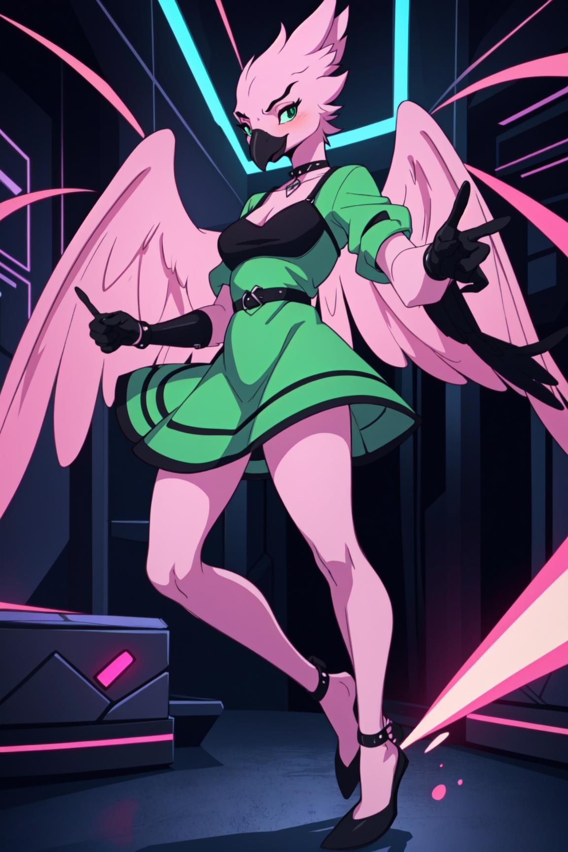 anthro avian bird, beak, wings, pink body, green dress, medium breats, in a dark night club, neon lights, cyberpunk aesthetic, <lora:Anthro-Birds-v3.5:1>