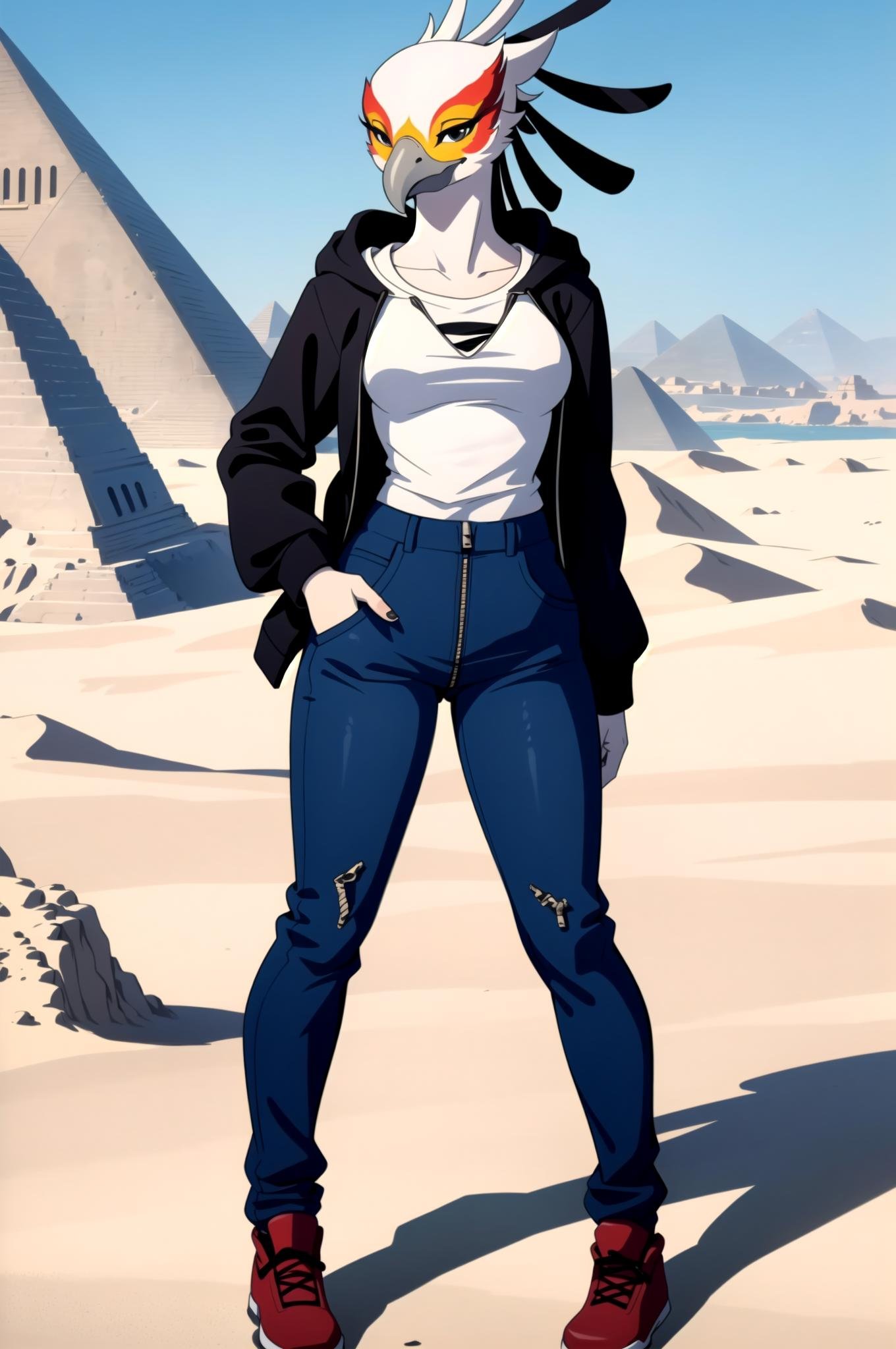 anthro secretary bird, female, full body, portrait, medium breasts, beak, zip-up hoodie, Cairo, Egypt, tilt-shift shot, pants, shirt, gorgeous landscape, top, bottom, <lora:Anthro-Birds-v3.5:1> <lora:epiNoiseoffset_v2:1>