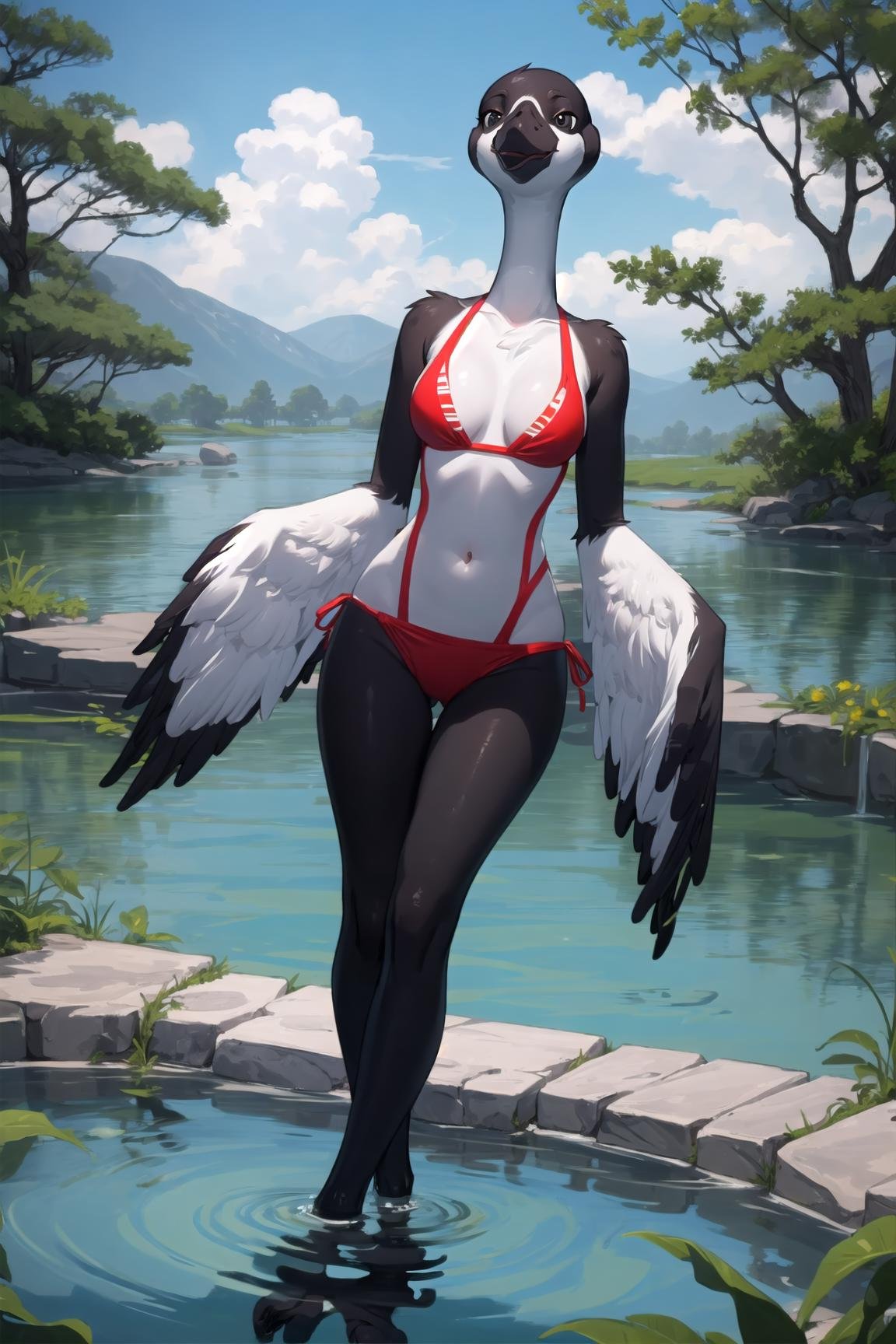 anthro canada goose, ((winged-arms)), female, full body, portrait, beak, webbed feet, playing, in a pond, Dutch angle, swimwear, summer  <lora:Anthro-Birds-v3.2.2-no_offset-000004:1>