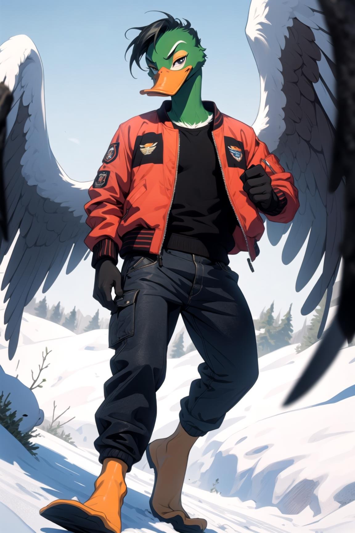 anthro duck, mallard, ((wings)), male, full body, portrait, bill, webbed feet, bomber jacket, winter, Dutch angle, <lora:Anthro-Birds-v3.2.2-no_offset:1>