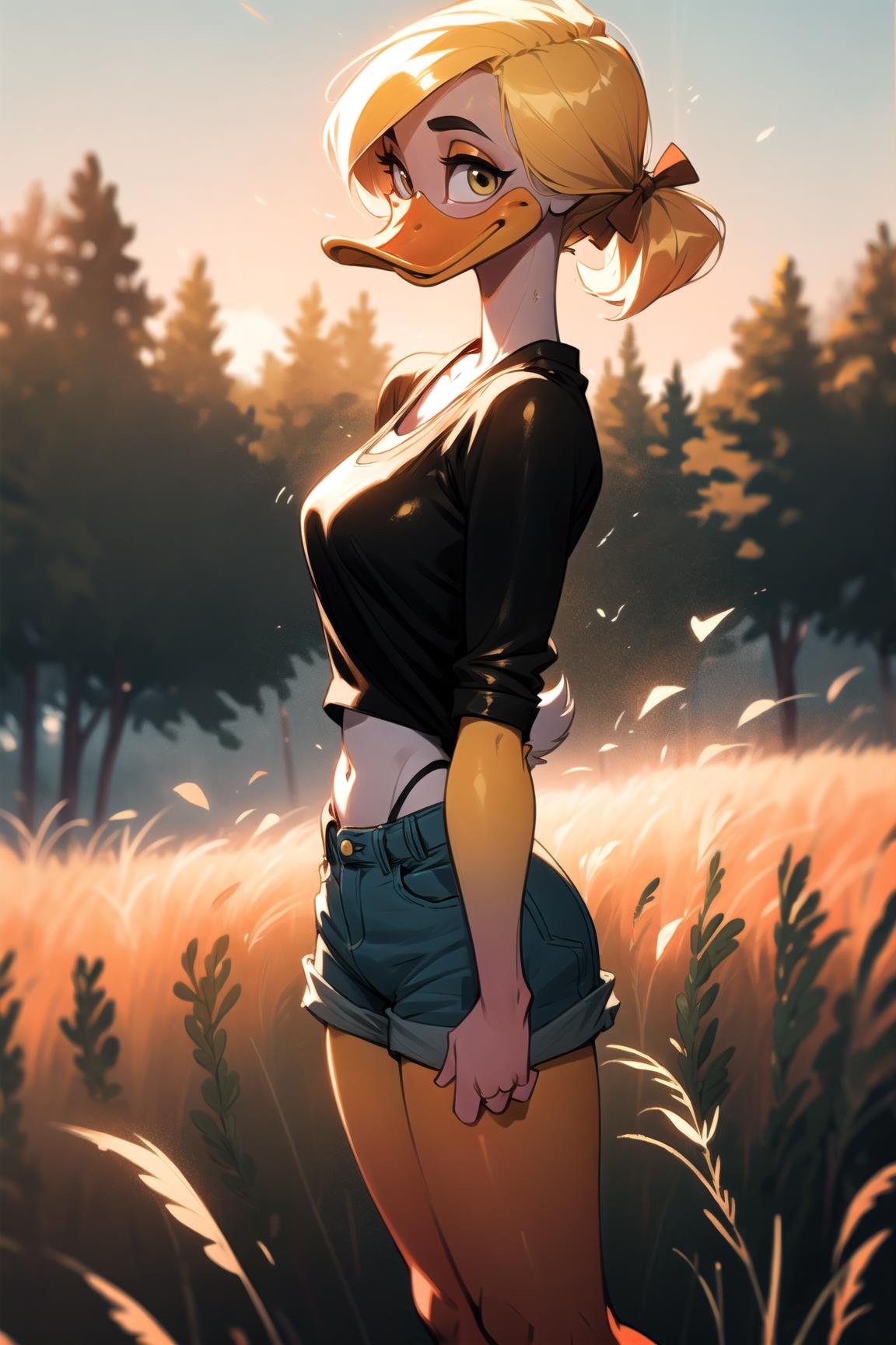 anthro duck, webbed feet, winged-arms, female, side tie clothes, shorts, bow, outdoors, golden hour, field, Extreme long shot  <lora:Anthro-Birds-v3.2.2-no_offset-000004:1>