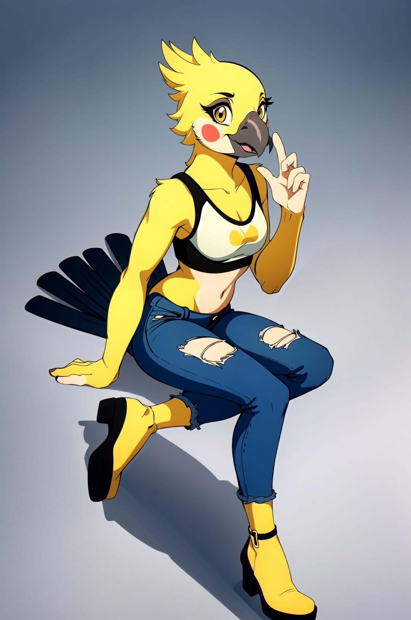 anthro ((cockatiel)), (yellow body), female, full body, portrait, beak, crop top, ripped jeans, carnival, worm's eye, <lora:epiNoiseoffset_v2:1> <lora:Anthro-Birds-v3.2.2-no_offset-000004:1>