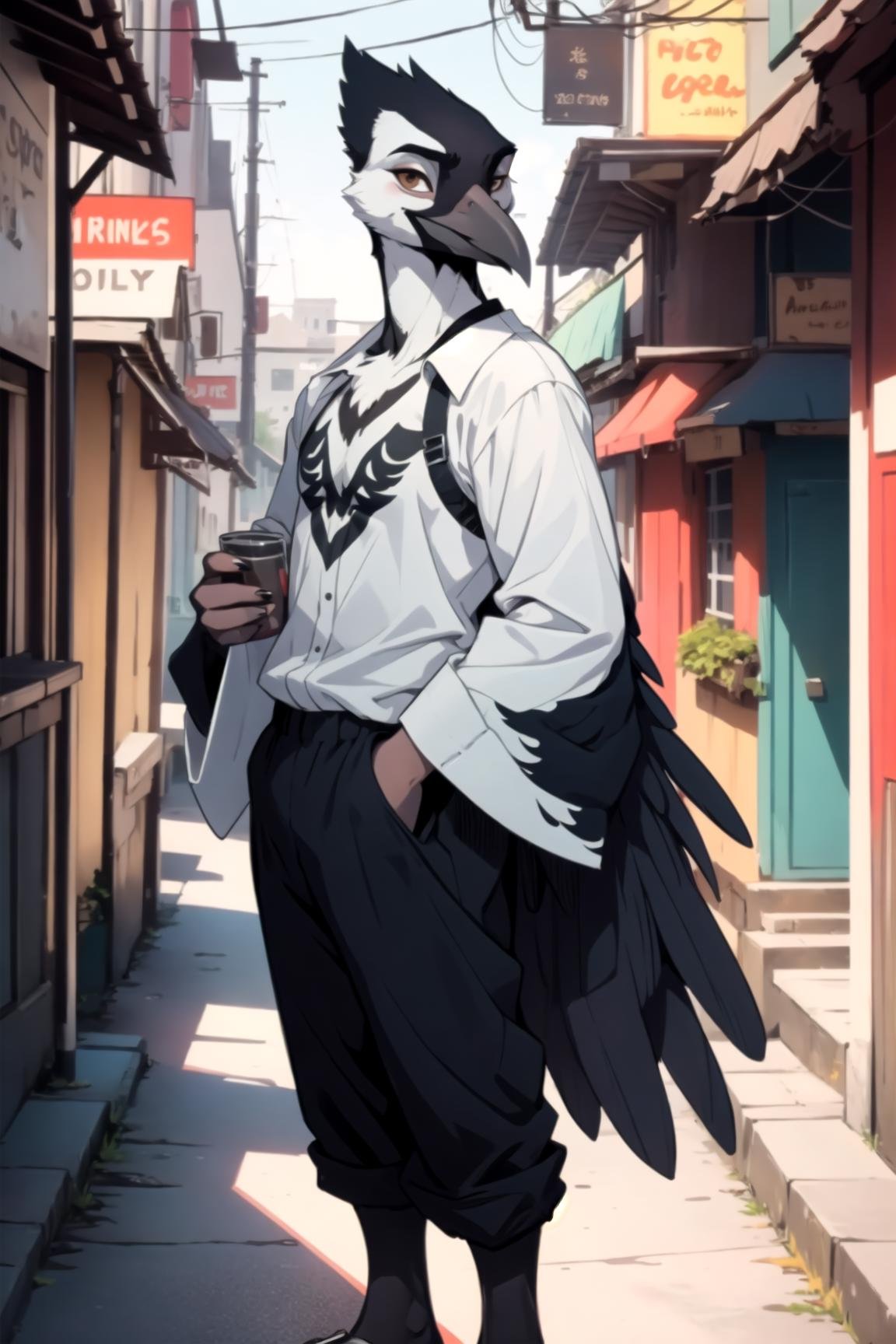 anthro magpie, ((winged-arms)), male, full body, portrait, beak, long sleeve shirt, town, Over-the-shoulder shot, <lora:Anthro-Birds-v3.5:1> <lora:epiNoiseoffset_v2:1>