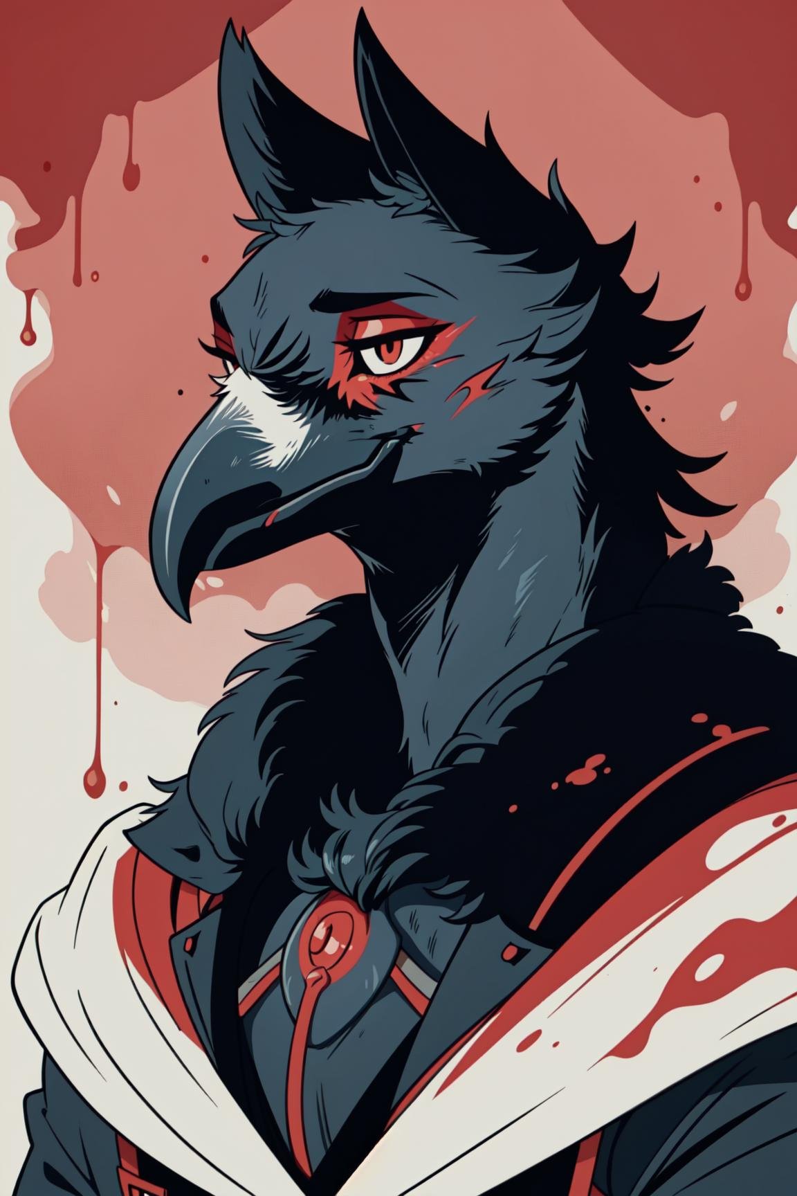 anthro avian raven, beak, covered in blood, bloody, dripping blood, gore, horror, close up, headshot, bloodstainai, strong outlines, <lora:Bloodstainai:0.8>, high contrast, <lora:Anthro-Birds-v3.5:1>