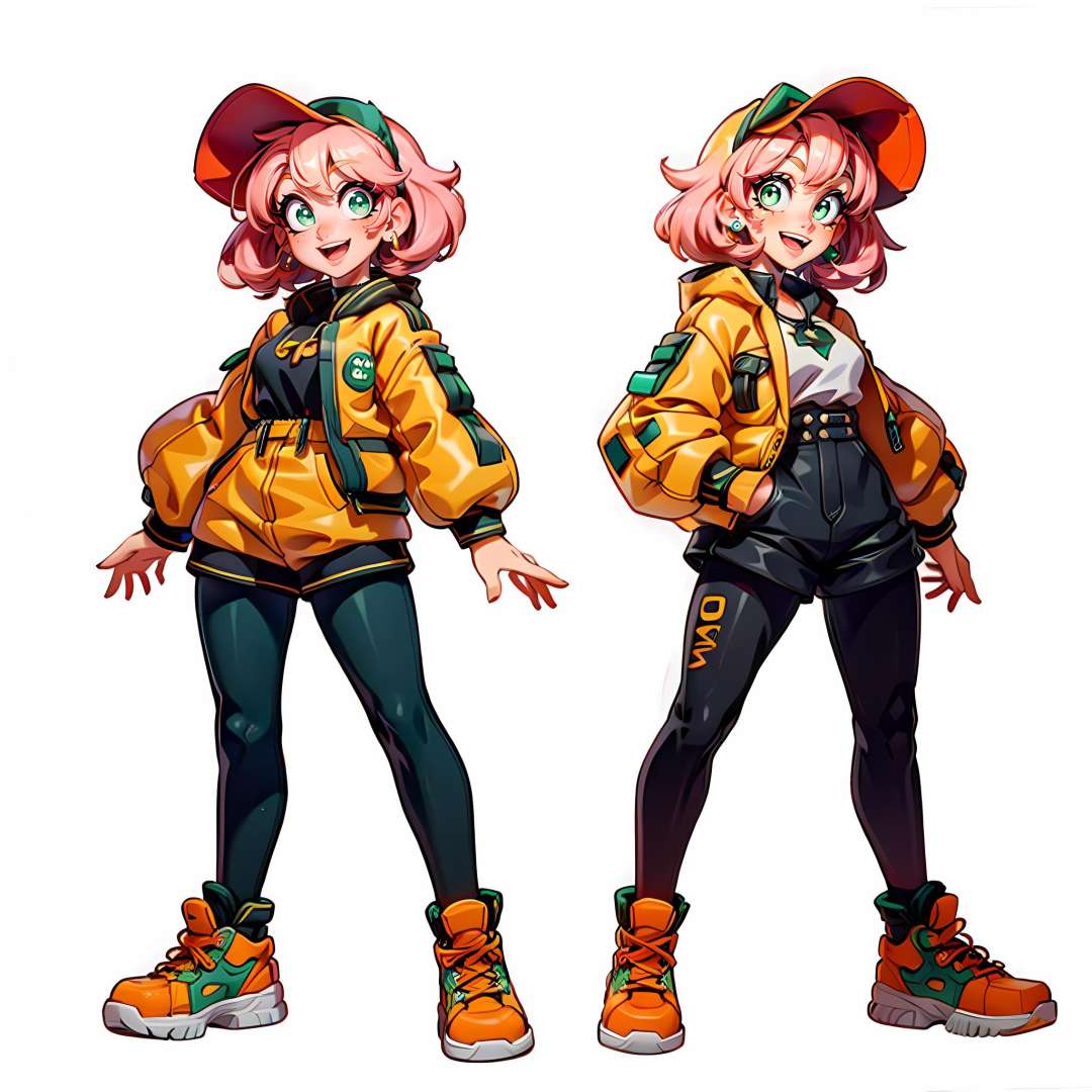 1girl, (MoreOutfits:1.5), (clothes variation, multiple views:1), (3views), full body, (pink short hair, green eyes, green pendant), (orange jacket, red short, convers, big clothes, black legwear), curvy, looking at viewer, smile, :D, cute pose, (dynamic_pose:1.2), wide shot, (white background:1),(masterpiece:1.2), (best quality, highest quality), (ultra detailed), (8k, 4k, intricate), detailed eyes,<lora:MoreOutFits_Concept-10:0.8><lora:more_details:0.3> <lora:3DMM_V7:0.65>