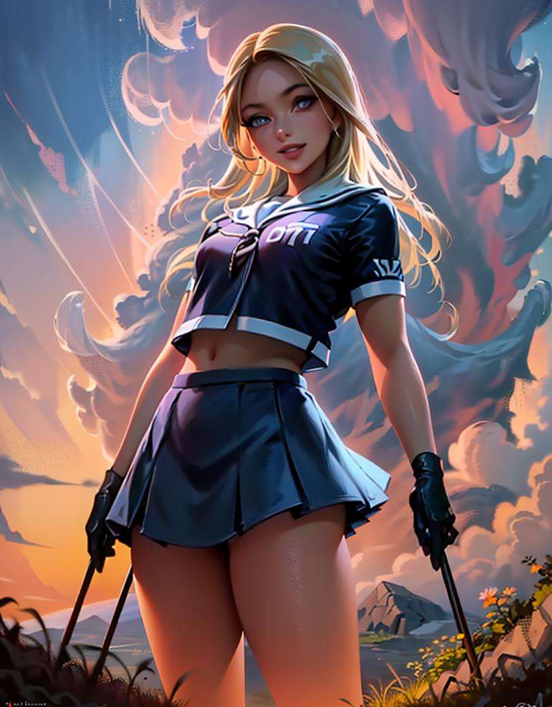 1girl cheerleader, (blue eyes, skirt, uniform, makeup, blonde, gloves), curvy, looking at viewer, smile, :D, from below, cute pose,(detailed landscape, school, grass, clouds:1.2), (background:1), (dynamic_angle:1.2), (dynamic_pose:1.2), (rule of third_composition:1.3), (dynamic_perspective:1.2), (dynamic_Line_of_action:1.2), solo, wide shot,(masterpiece:1.2), (best quality, highest quality), (ultra detailed), (8k, 4k, intricate),(full-body-shot:1), (Cowboy-shot:1.2), (50mm), (highly detailed:1.2),(detailed face:1.2), detailed_eyes,(gradients),(ambient light:1.3),(cinematic composition:1.3),(HDR:1),Accent Lighting,extremely detailed,original, highres,(perfect_anatomy:1.2),<lora:RossDraw_Style:0.8>