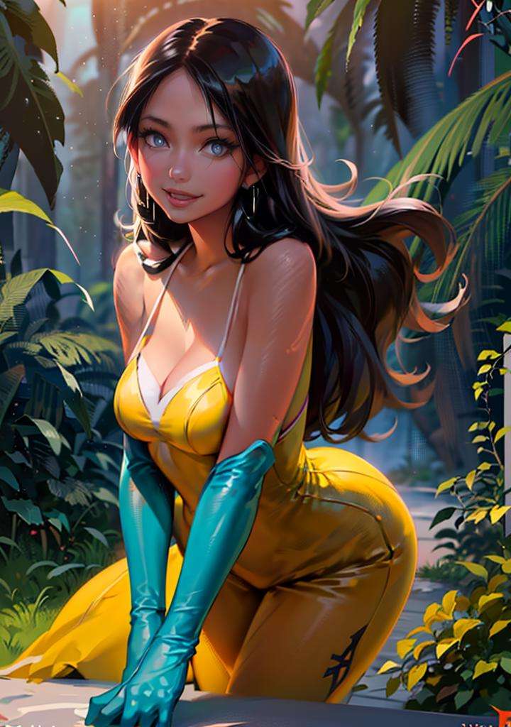 girl posing for a photo in the forest, leafs, (blue eyes, skirt, yellow dress, black hair, gloves), curvy, looking at viewer, smile, :D, from below, cute pose,(dynamic_angle:1.2), (dynamic_pose:1.2), solo, wide shot, fantasy, magic,(masterpiece:1.2), (best quality, highest quality), (ultra detailed), (8k, 4k, intricate),(full-body-shot:1), (Cowboy-shot:1.2), (50mm), (highly detailed:1.2),(detailed face:1.2), detailed_eyes,(gradients),(ambient light:1.3),(cinematic composition:1.3),(HDR:1),Accent Lighting,extremely detailed,original, highres,(perfect_anatomy:1.2),<lora:RossDraw_Style:0.8>