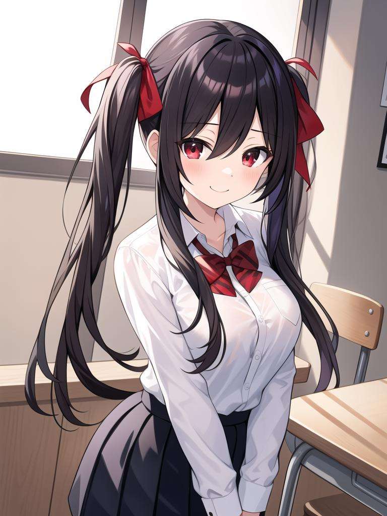 (masterpiece, best quality),ray tracing,absurdres, HDR,1girl, bangs, black hair, twintails, very_long_hair, black_skirt, blush, bow, bowtie,breasts, depth_of_field, hair_between_eyes, hair_ribbon, indoors, , long_sleeves, looking at viewer, , pleated_skirt, red bow, red bowtie, red_eyes, red ribbon, school_uniform, shirt, sidelocks, pleated skirt, solo, white_shirt,cowboy shot,happy,cute face,natural light