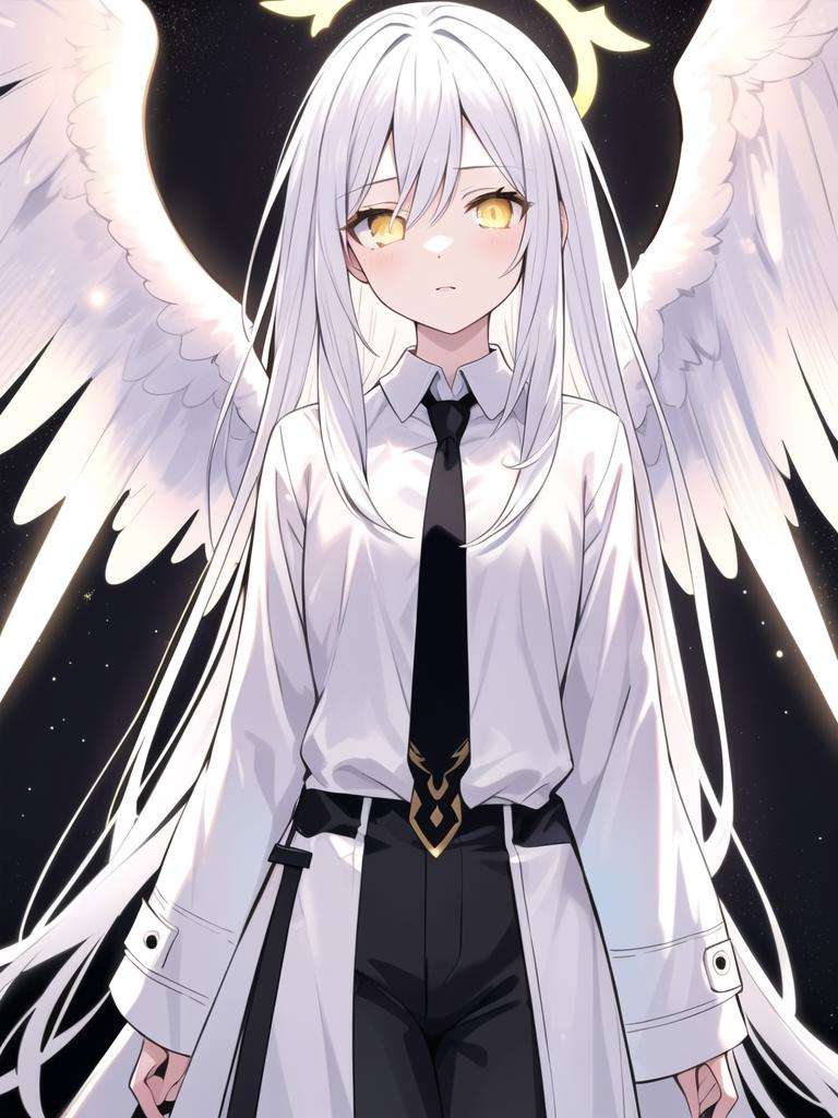 (masterpiece, best quality:1.3), (ultra-detailed:1.3), 1girl, solo, (white hair, messy hair, long hair), (angel wings, angel halo), flat chest, yellow eyes,  (white shirt, black necktie, black coat, open coat), cowboy shot, cinematic lighting, (((glowing light particles))), (arms behind back), dynamic angle,