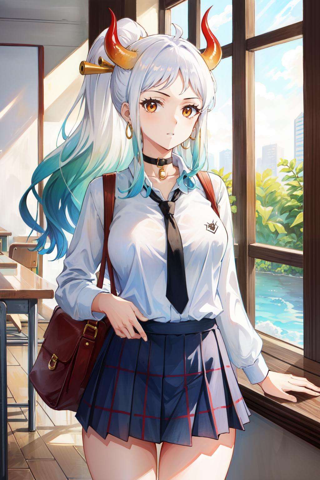 <lora:yamato_v2:1>yamato\(one piece\), high ponytail, hair ornament, parted lips, white hair, 1girl, white shirt, hoop earrings, standing, necktie, orange eyes, contemporary, blue skirt, multicolored hair, indoors, between breasts, looking at viewer, pleated skirt, lips, thighs, miniskirt, solo, curled horns, horns, shirt, school bag, black necktie, no bra, necktie between breasts, plaid skirt, green hair, long hair, skirt,  large breasts, red horns,  school uniform, choker